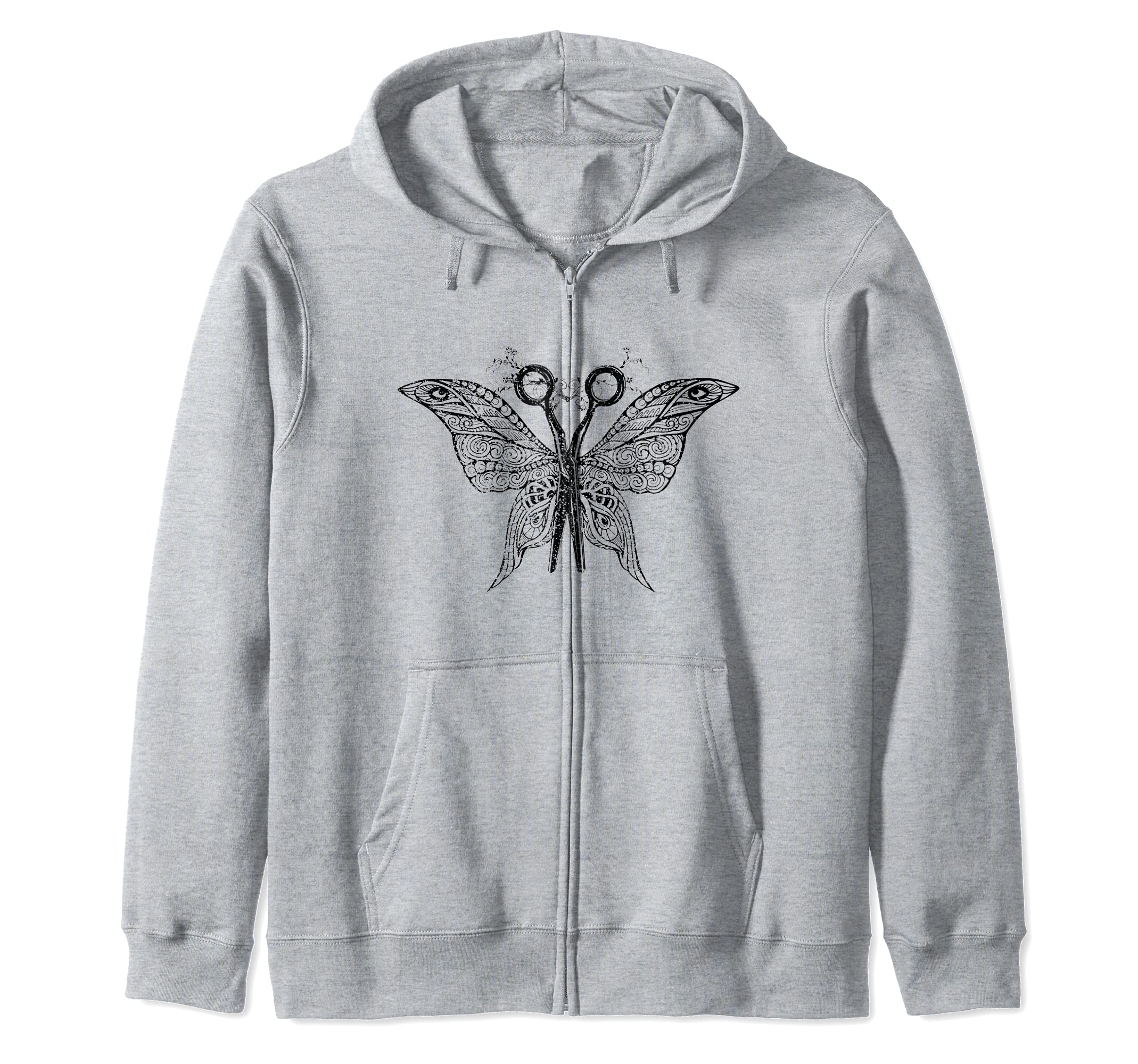Hairdresser Goth Girl Hustler Butterfly Tattoo Art Scissors Zip Hoodie, Grey