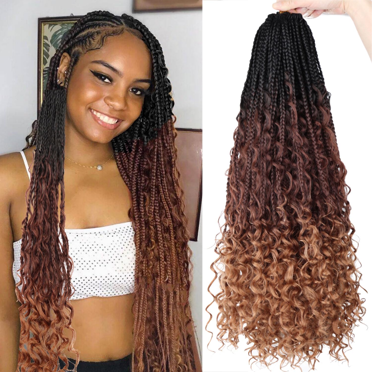 LMZIM Goddess Bohemian Box Braids Crochet Hair - 24 Inch 8 Packs Boho Box Braids Crochet Hair,Crochet Box Braids with Curly Ends, Synthetic Braiding