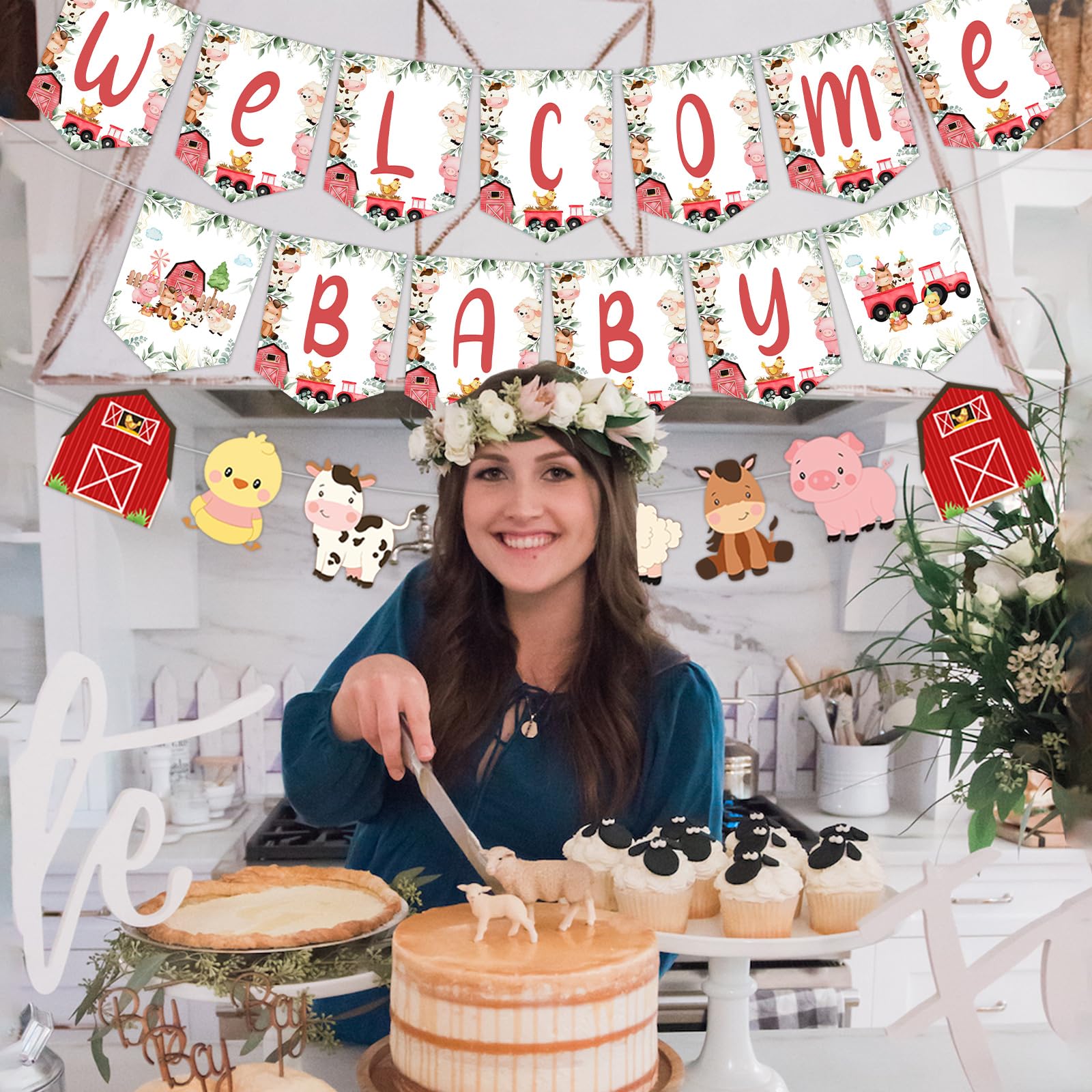 Farm Animal Baby Shower Banner & Garland Set - Welcome Baby Bunting, Barnyard Party Decor For Boys Or Girls