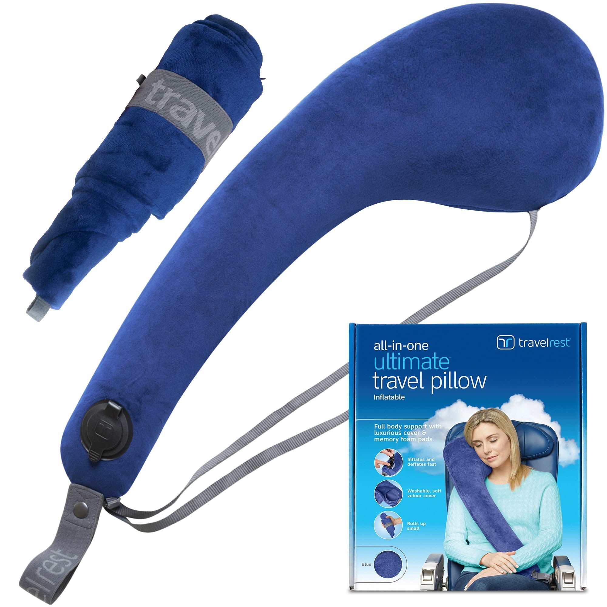travelrest Todo en Uno Almohada de Viaje de Primera Calidad/Almohada para el Cuello-Funda Lavable de Felpa con Espuma Viscoelástica-Ideal para el Avión, Coche, Tren, Autobús, Silla de Ruedas, Oficina