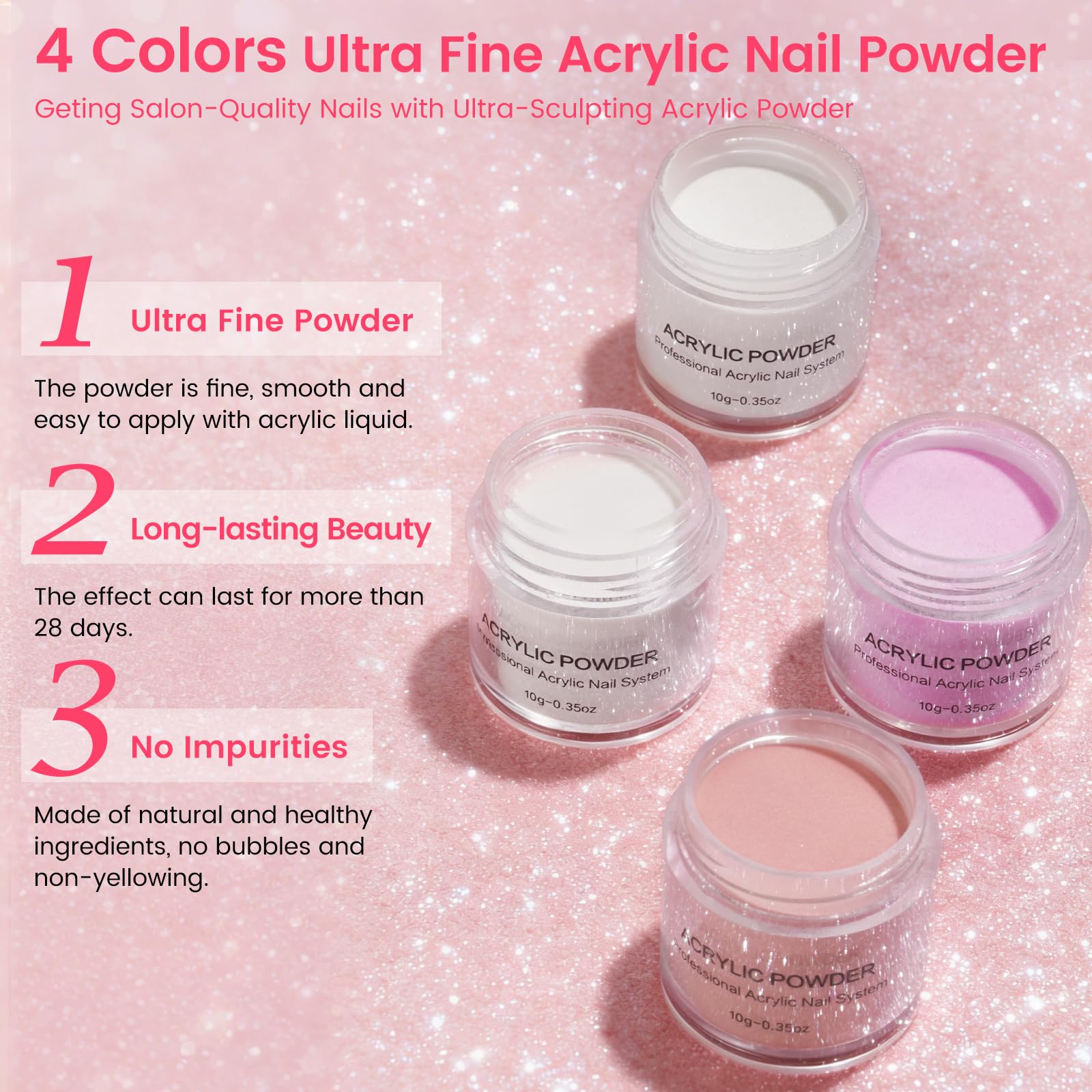 Kit de Uñas Acrílicas para Principiantes Completo: 4 Colores Acrilico Para Uñas con Dedo de Práctica Taladro Lámpara UV - Kit Uñas Semipermanentes Extensión con Bolsa Glitter
