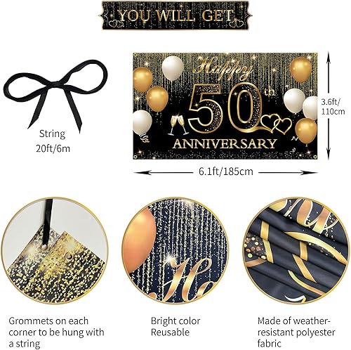 Miniatura 2 de Decoraciones doradas de aniversario de boda del número 50, telón de fondo de pancarta de feliz 50 aniversario, decoración de fiesta de hitos de