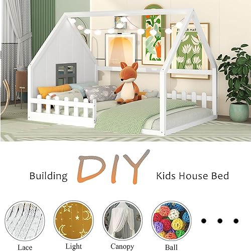 Miniatura 3 de Bellemave Cama de casa de tamaño matrimonial para niños, cama Montessori de madera con valla y ventana, cama de piso completo con rieles para niñas