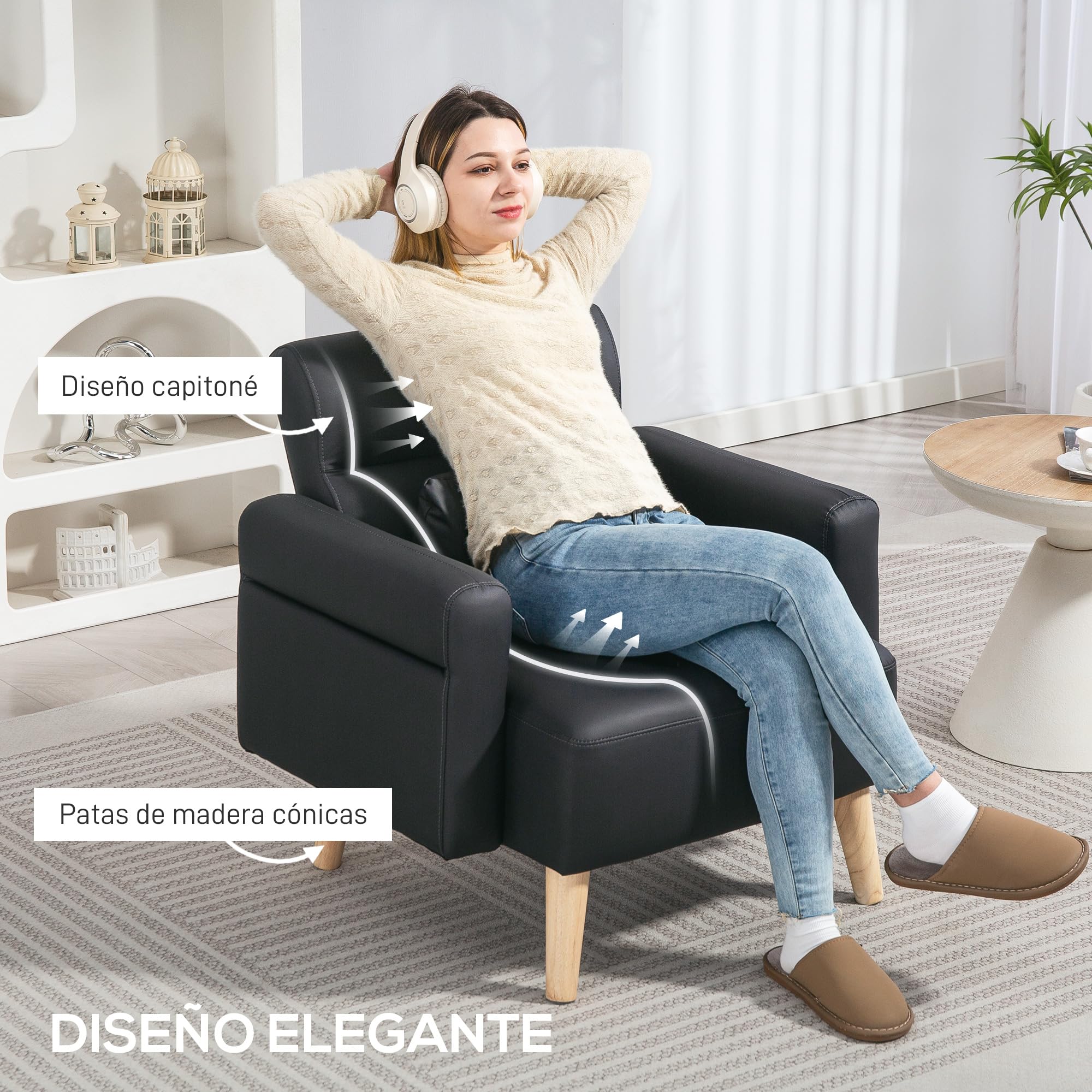HOMCOM Sillón de Salón Tapizado en Cuero Sintético Butaca de Salón de 77 cm con Reposabrazos Acolchado Grueso Respaldo Acanalado y Patas de Madera para Dormitorio Sala de Estar Negro