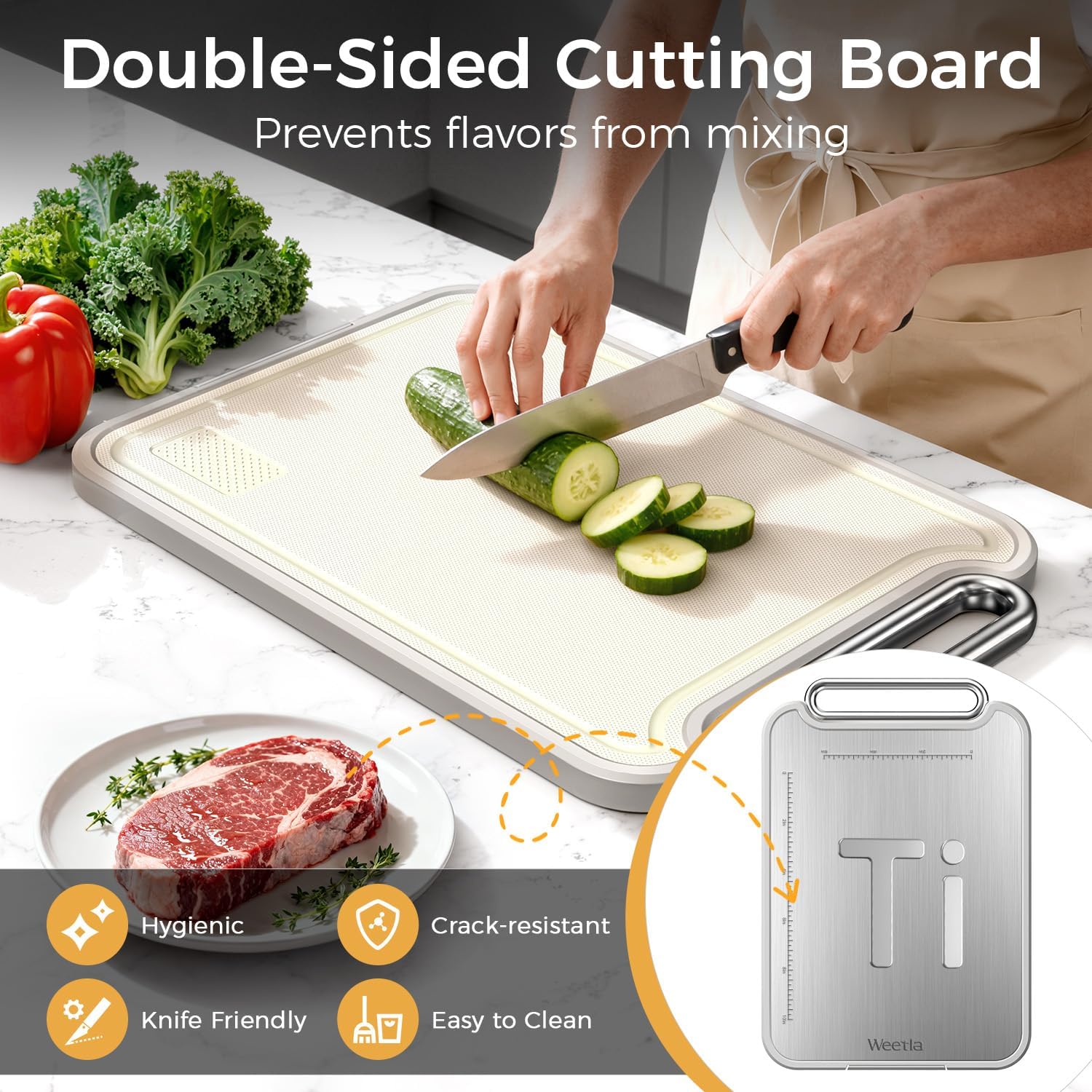 Titanium Cutting Board for Kitchen, Double Sided Cutting Board, Food Grade 2 in 1 Pure Titanium and Wheat Straw PP Chopping Boards Raw and Cooked Separation, Non-Slip 5s Quick Clean Large Size 16”×11” - Image 2