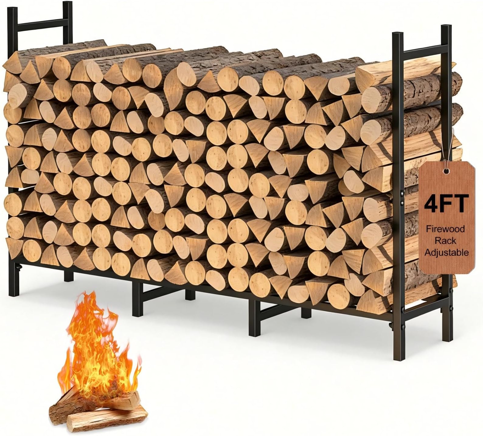 4FT Firewood Rack Indoor Outdoor, Heavy Duty Log Holder Stand for Fireplace, Adjustable Wood Storage Organizer with Weather-Resistant Tubular Steel, Cradle for Kindling & Stacking Logs
