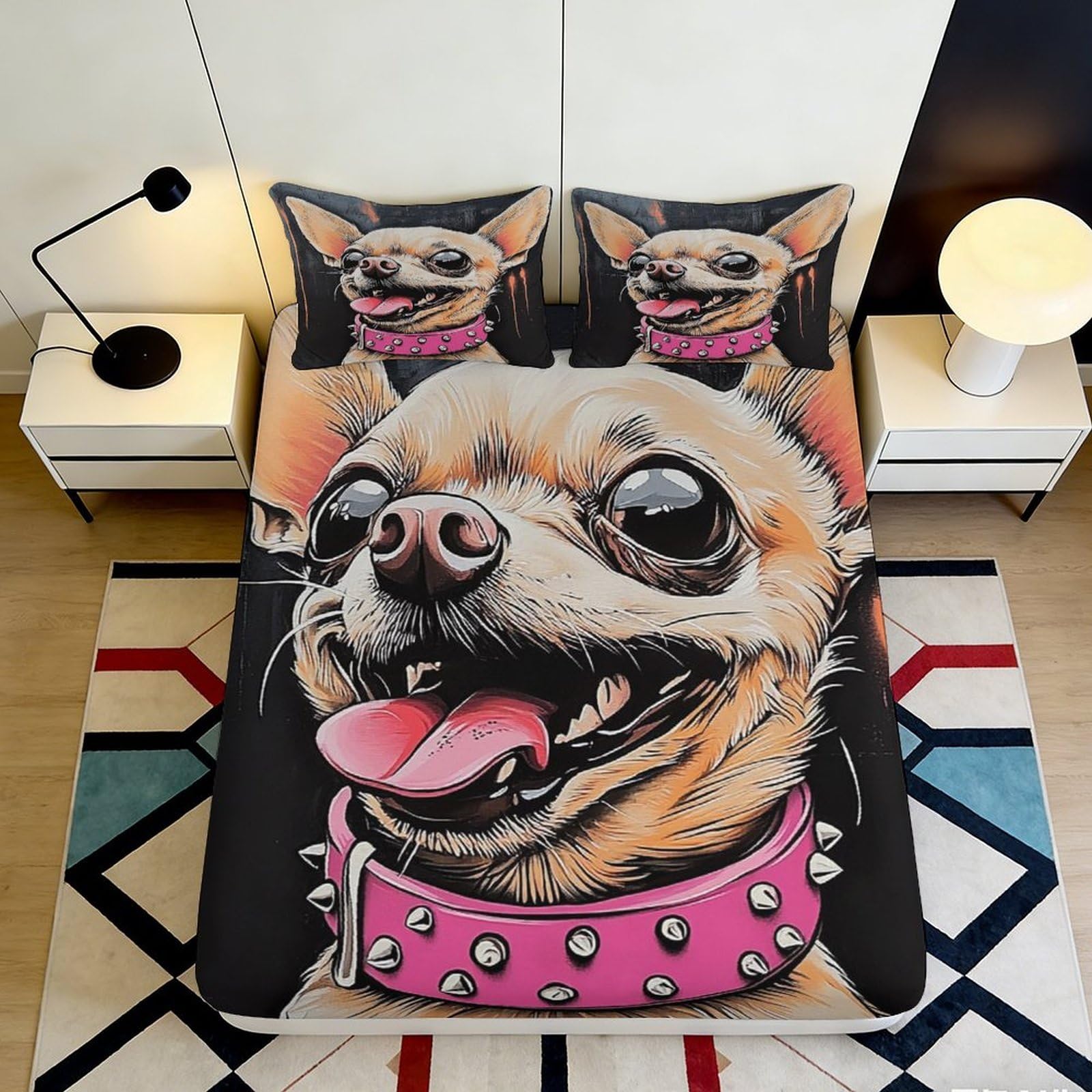Pnayamiorkfel Style-1 3D Printed Chihuahua Cartoon Fitted Sheet Microfiber Soft Pet Art Bed Cover For Bedroom Guest Room Mattress Decor 90X200x25cm