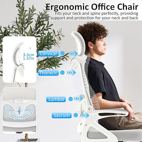 Miniatura 3 de Fizzin Silla de oficina ergonómica, silla de escritorio ergonómica con reposacabezas de malla para computadora con respaldo alto, soporte lumbar