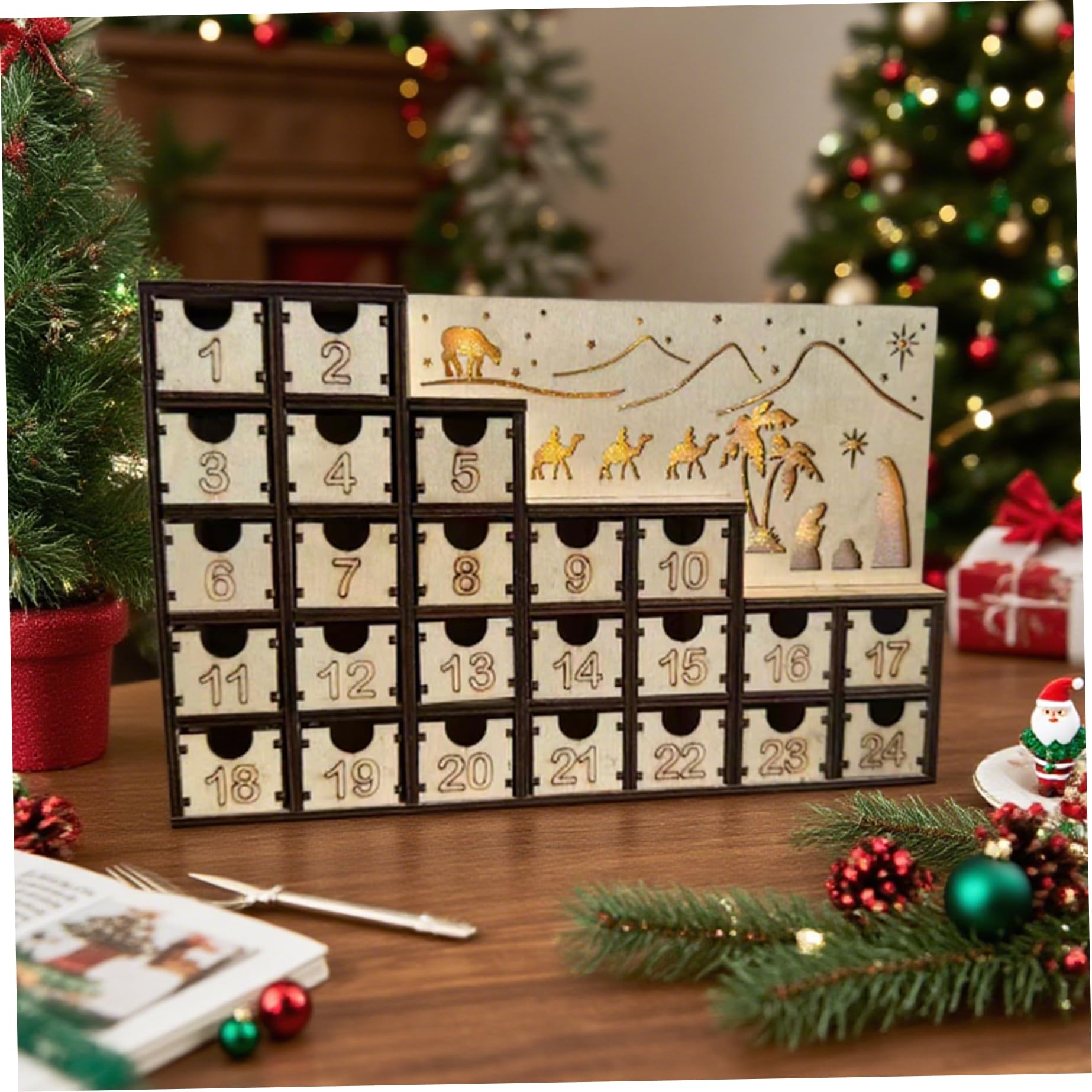 Calendario dell'Avvento in legno con cassetti LED Conto alla rovescia per 24 giorni Scatola vuota fai-da-te, Calendario dell'Avvento natalizio riutilizzabile Idea per la decorazione della casa p