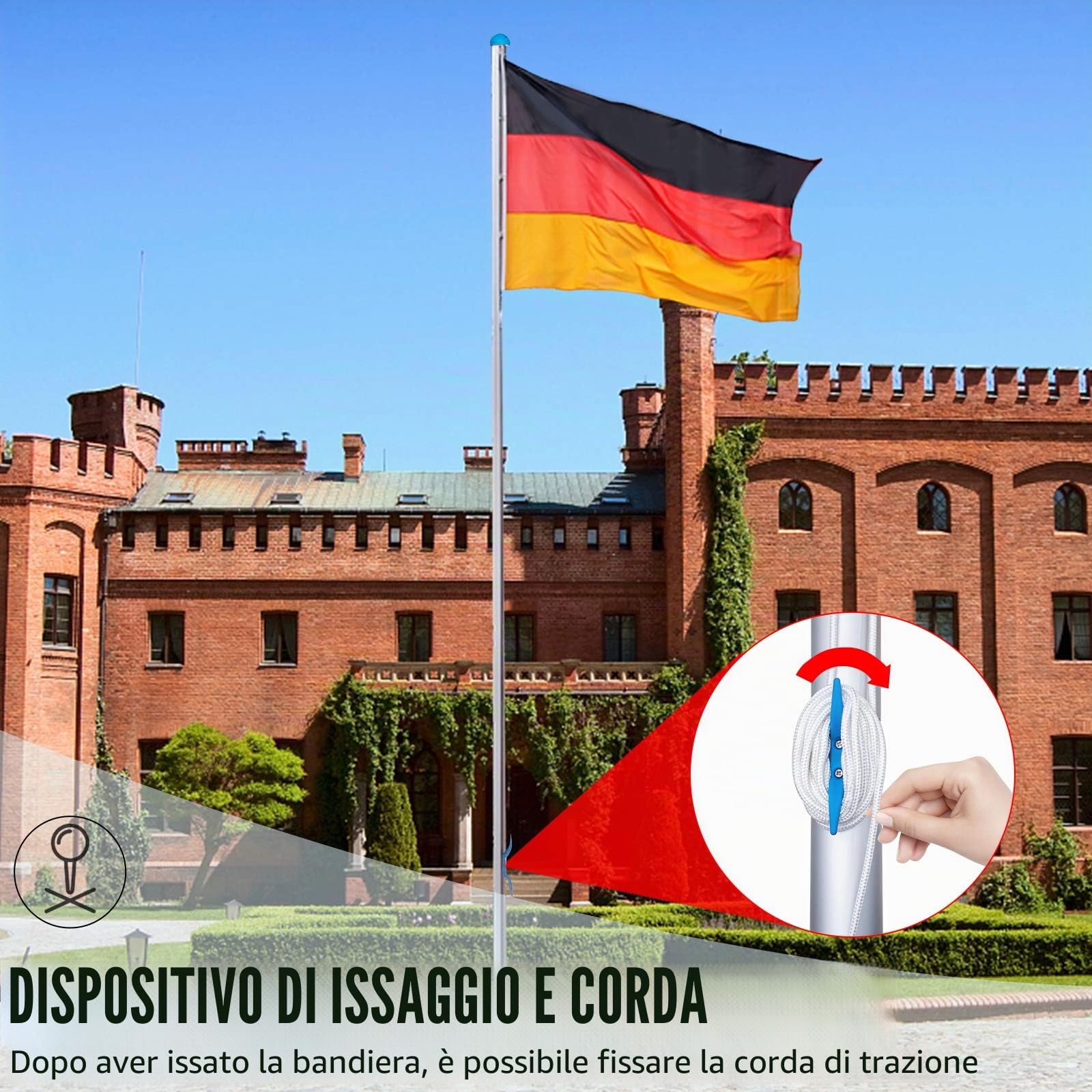 UISEBRT Asta per bandiera in alluminio da 6,5 m, con manicotto stabile da 50 cm e bandiera della Germania