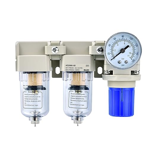 BLCH 1/4" NPT Air Compressor Dryer - Double Air Compressor Filter Air Compressor Regulator AC2000-02 Manual Drain Poly Bowl Gauge 0-160 PSI 5μm Brass