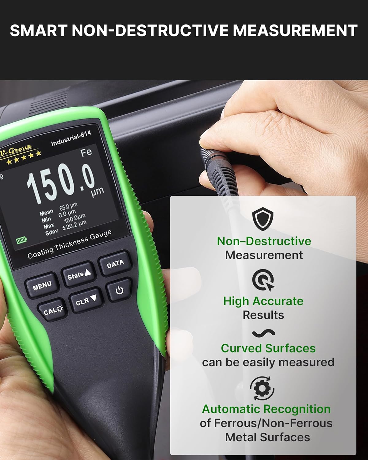 Industrial-814 Coating Thickness Gauge 0–1250µm (0–50 mils), Paint Thickness Meter for Steel & Aluminum, Fe/NFe Auto Detection, 0.1µm Resolution, TFT Display, QC Inspection Tool