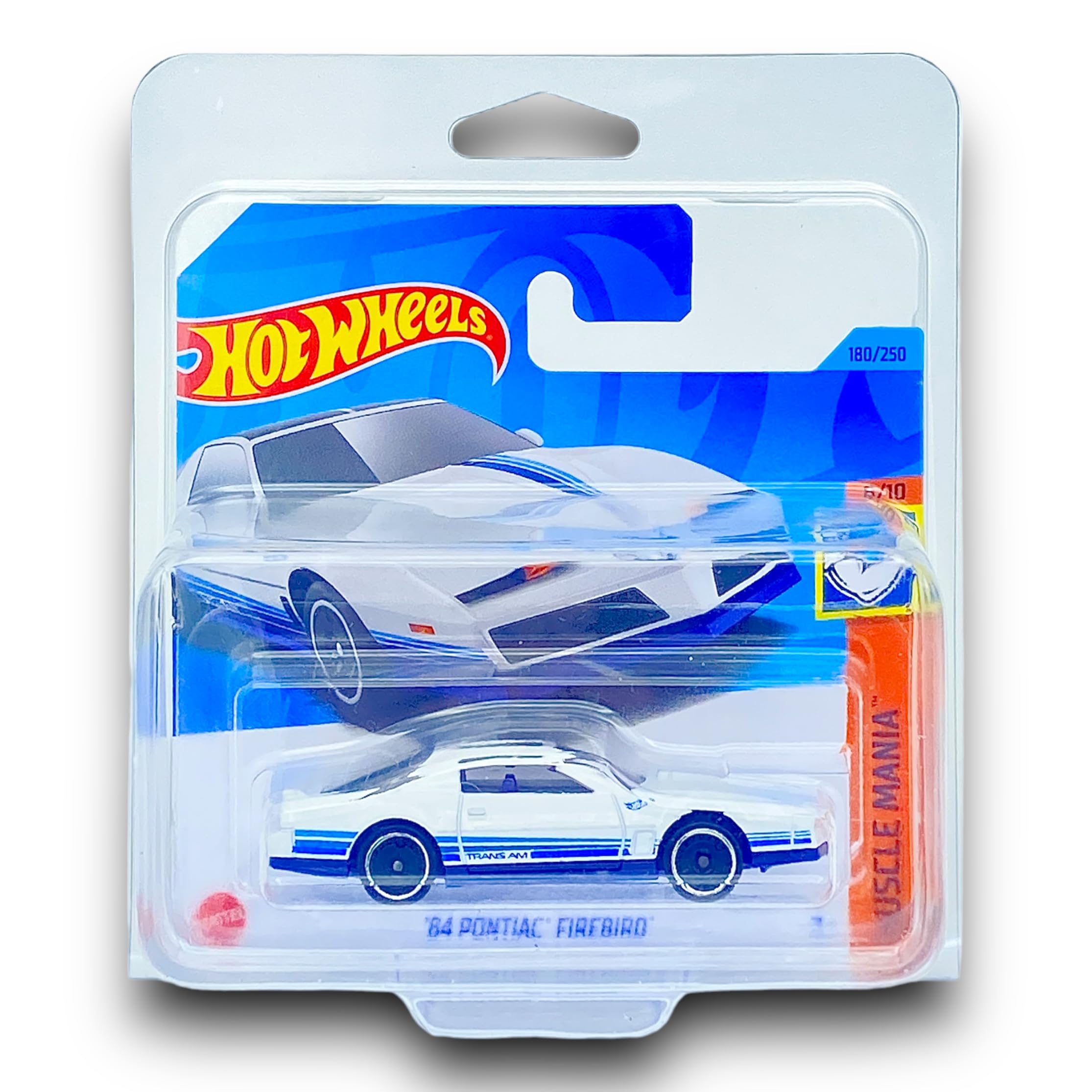 Hot Wheels '84 Pontiac Firebird (White & Blue) 8/10 Muscle Mania - 2023-180/250 (Short Card) - COMES IN A KLAS CAR KEEPER SHORT CARD PROTECTOR CASE - HKK92