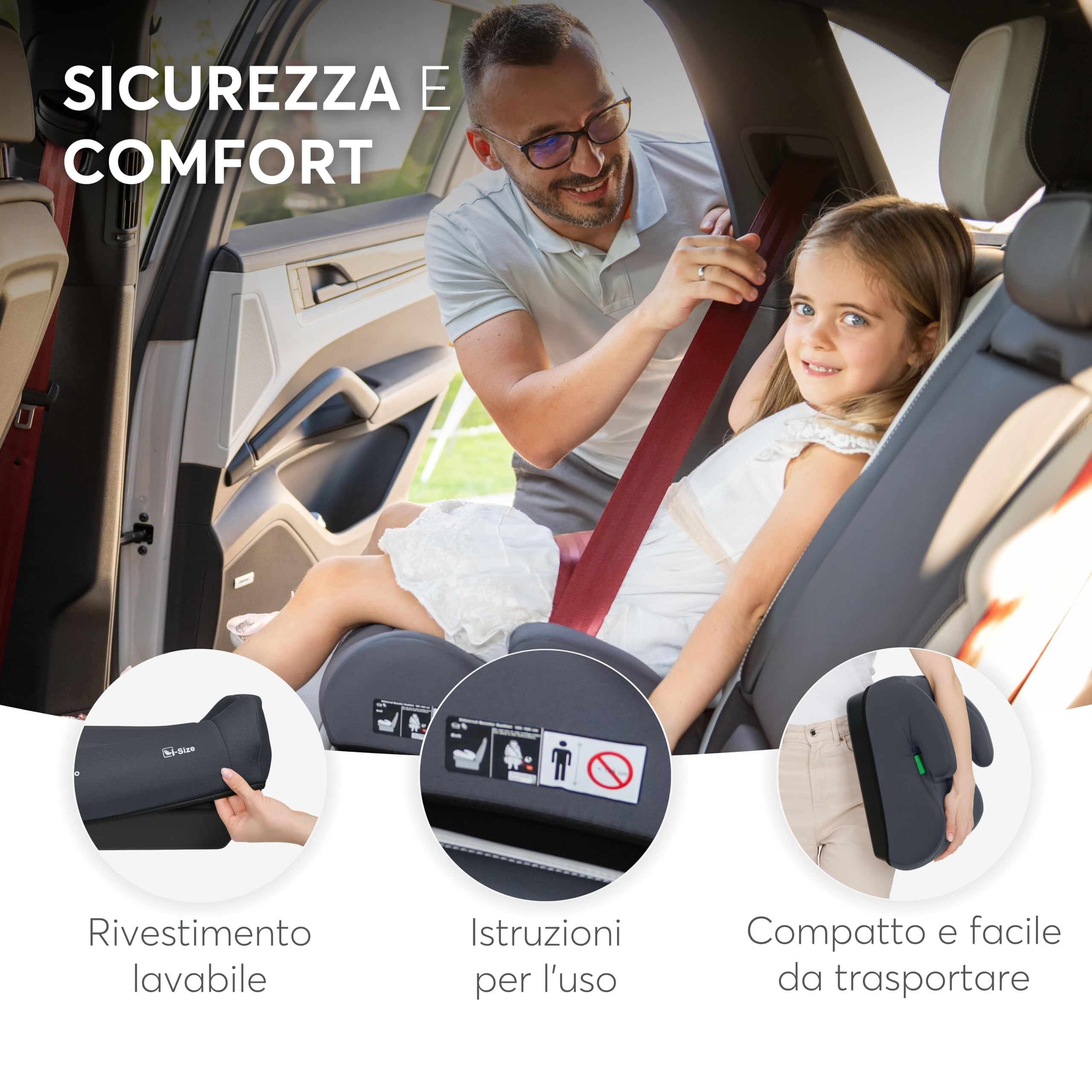KikkaBoo i-UP Rialzo auto per bambini, i-Size, 125-150 cm, Seggiolino auto Gruppo 3, da 7 a 12 anni, da 22 a 36 kg, Rialzo auto, Facile installazione con cintura, Nero