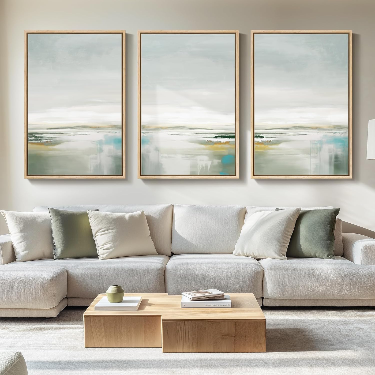Large Framed Green Abstract Landscape Wall Art for Living Room, 3 Piece Canvas Prints Paintings Artwork for Walls, Modern Minimalist Pictures for Dining Room, Hallway, Office Wall Decor 24x36 In 24" W x 36" H x 3Pcs Pastel