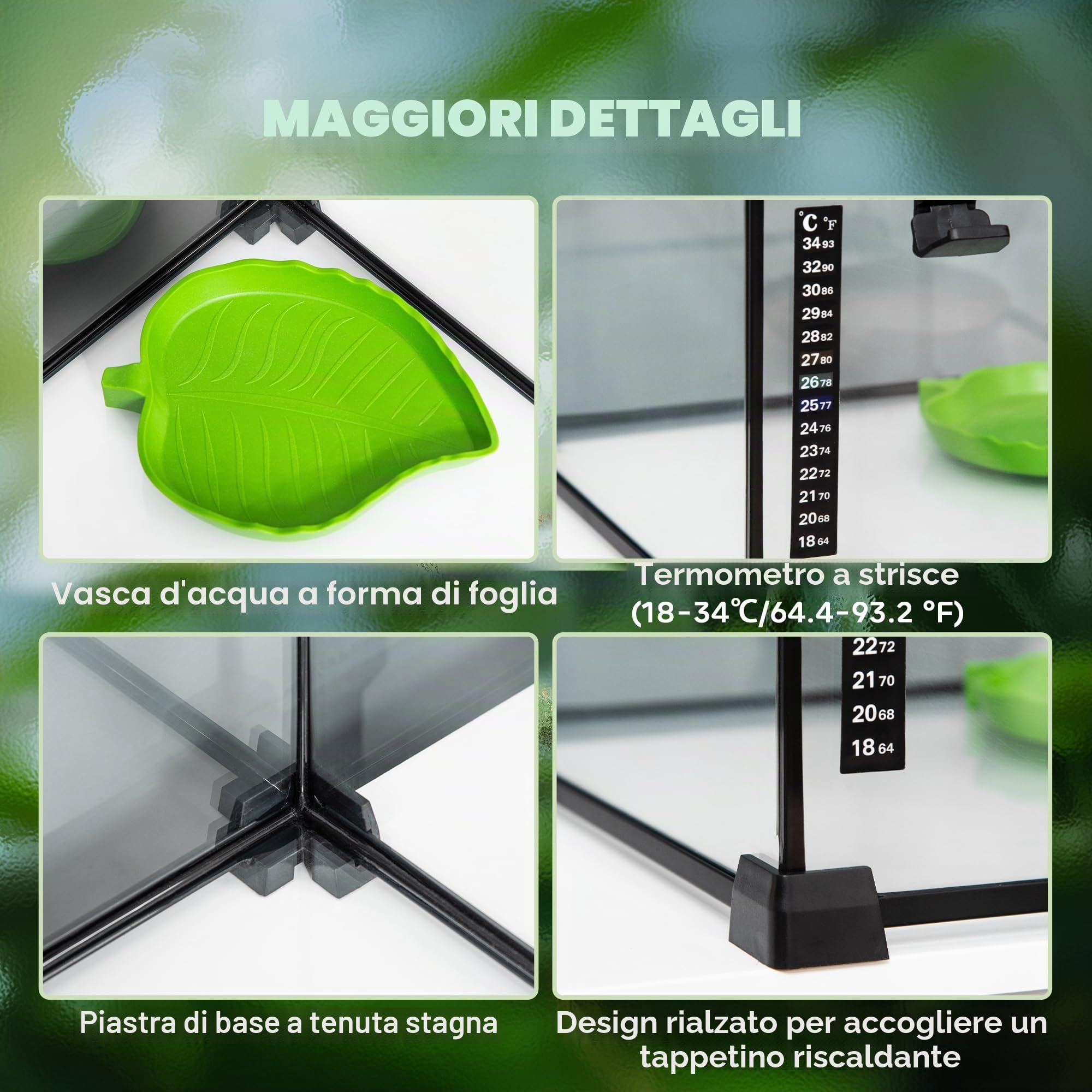 PawHut Terrario per Rettili e Anfibi in Vetro - Scatola di Alimentazione e Allevamento con Termometro - Metallo Nero, 50 x 30 x 25 cm