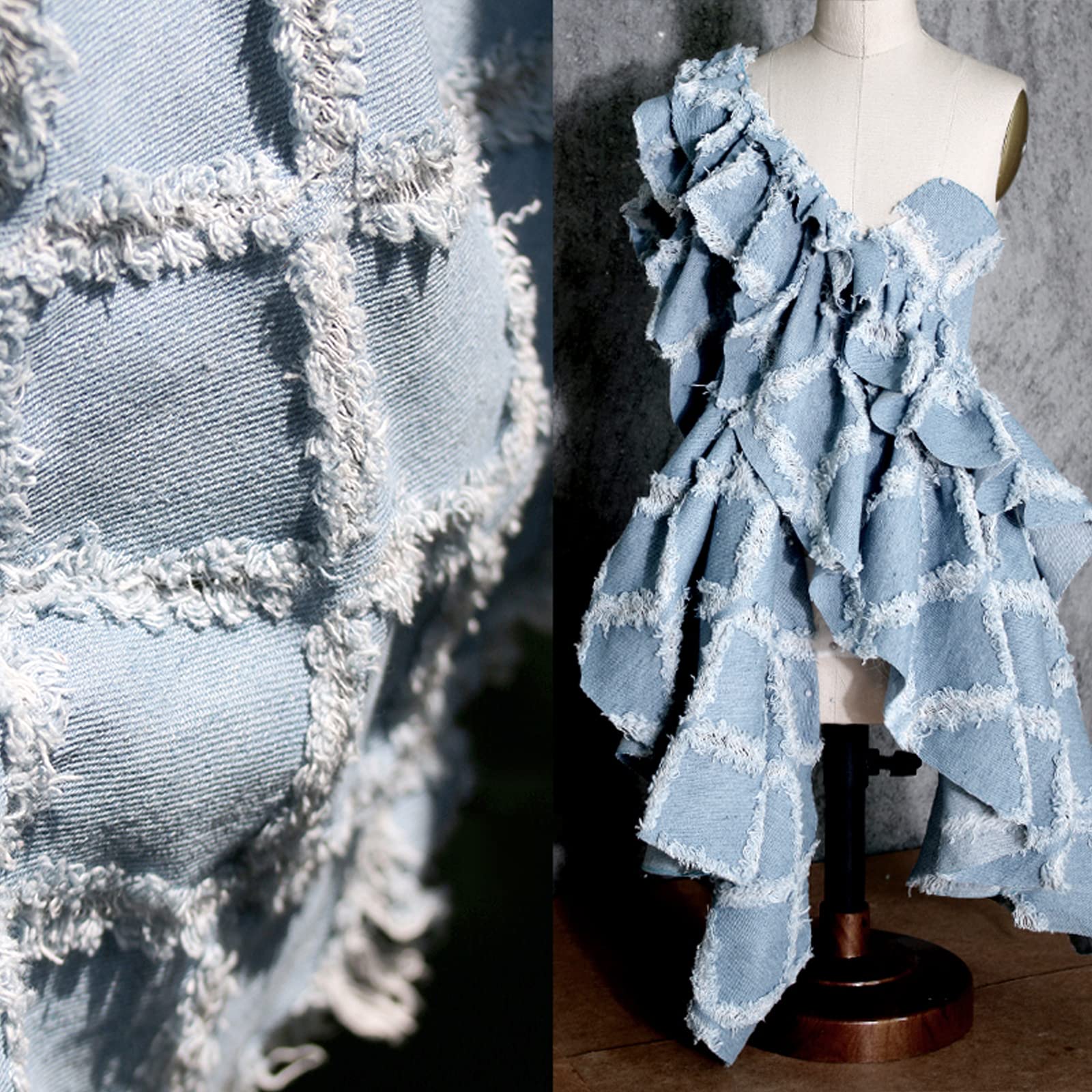 Tela vaquera Tela 100% Algodón Celeste Tela De Mezclilla De Diseño Hueco Material Lavado Tela De Costura Creativa Tela De Ropa De Primera Calidad Para Coser Abrigos Pantalone(Size:1.45x2m/57x78.7in)