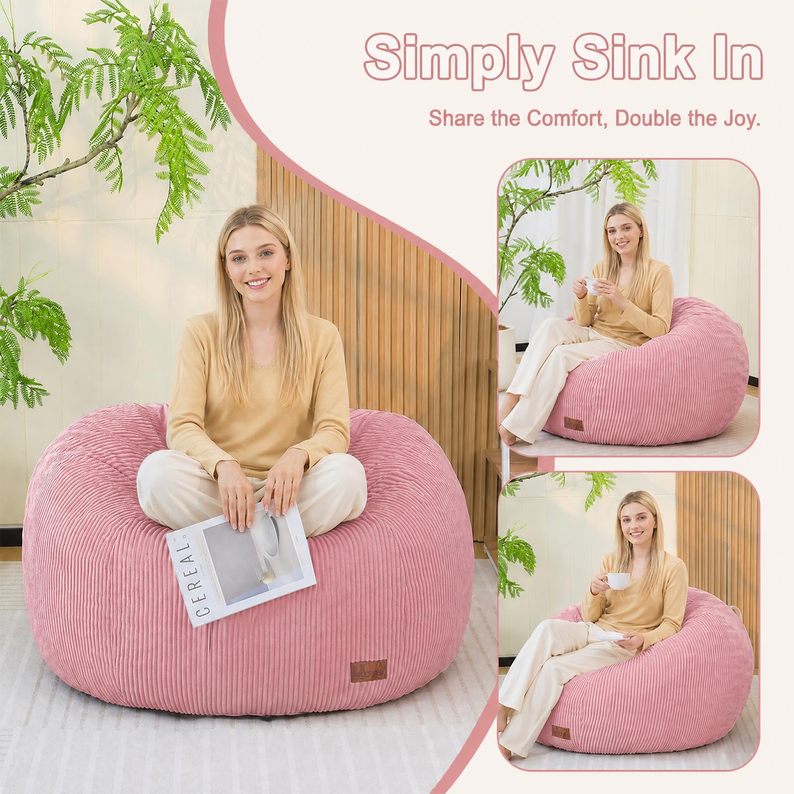 Runder Sitzsack, Cord Bean Bag Chair mit Füllung für Erwachsene & Kinder, Gemütlicher Lounge Sessel Relaxliege für Wohnzimmer, Schlafzimmer(M-Rosa)