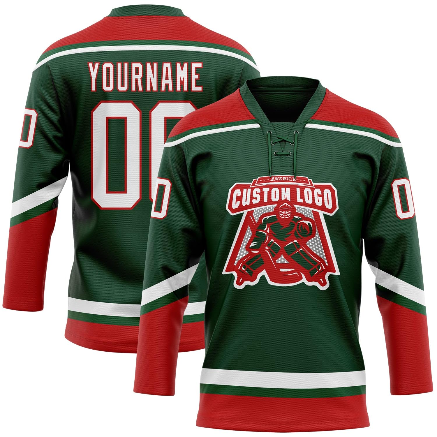 Custom Green White-Red Hockey Lace Neck Jersey, Hockey Jersey Men, Custom Hockey Jerseys for Men, Hockey Jerseys, Custom Hockey Jersey with Logo, Hockey Jerseys for Men, Hockey Jersey
