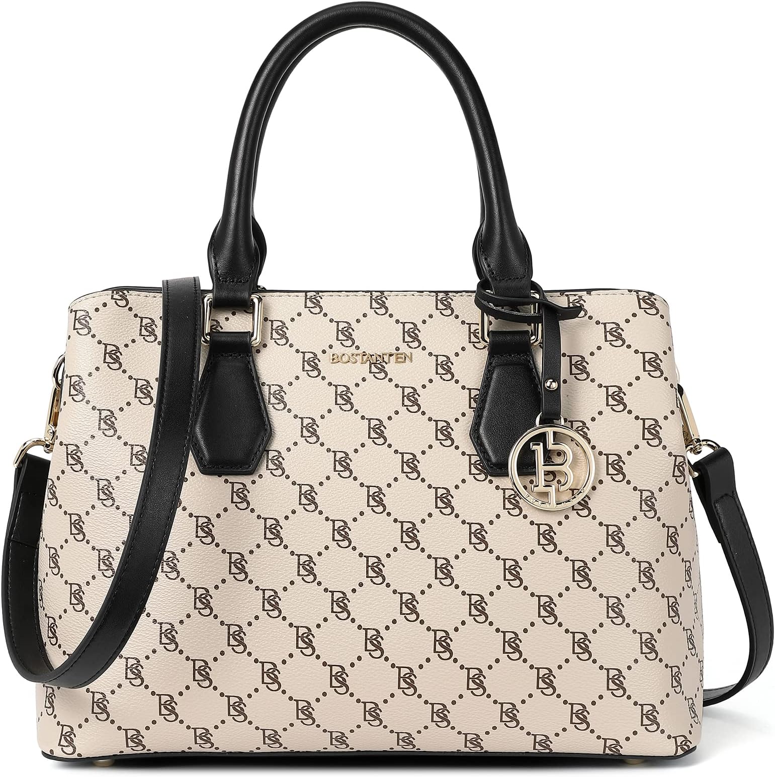 BOSTANTEN Women Leather Handbag Designer Top Handle Satchel Shoulder Tote Bags Crossbody Purses (Beige Signature)