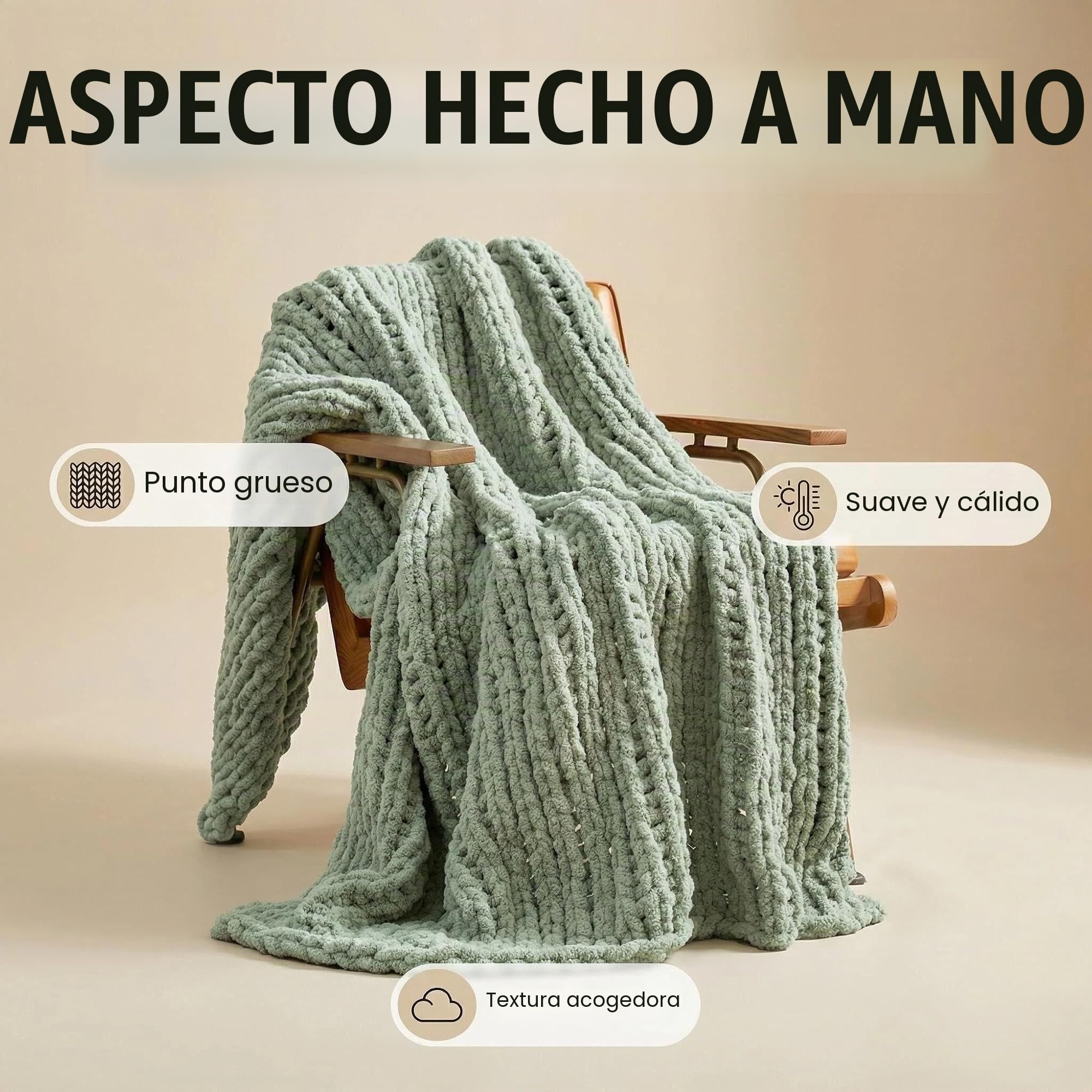 Amélie Home Manta de Punto Grueso, de Hilo de felpilla Gruesa y Suave, cálida y Hecha a Mano, con Nudo de Cuerda para sofá, Cama, 50 x 60 Pulgadas, Color Verde Salvia