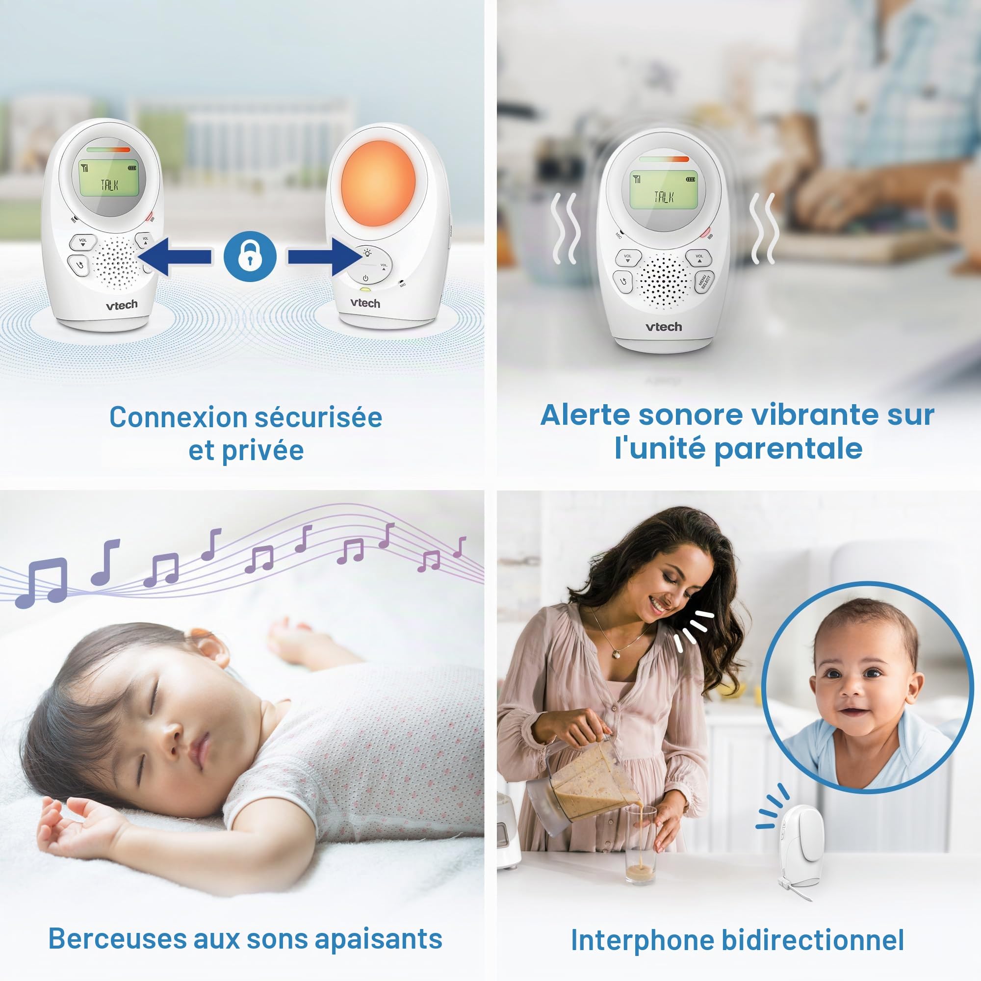 VTech DM1211 Moniteur Audio pour bébé, Longue portée, Moniteur bébé avec Conversation bidirectionnelle, Affichage du Niveau de Bruit, capteur de température, Sons apaisants, Clip Ceinture pour unité