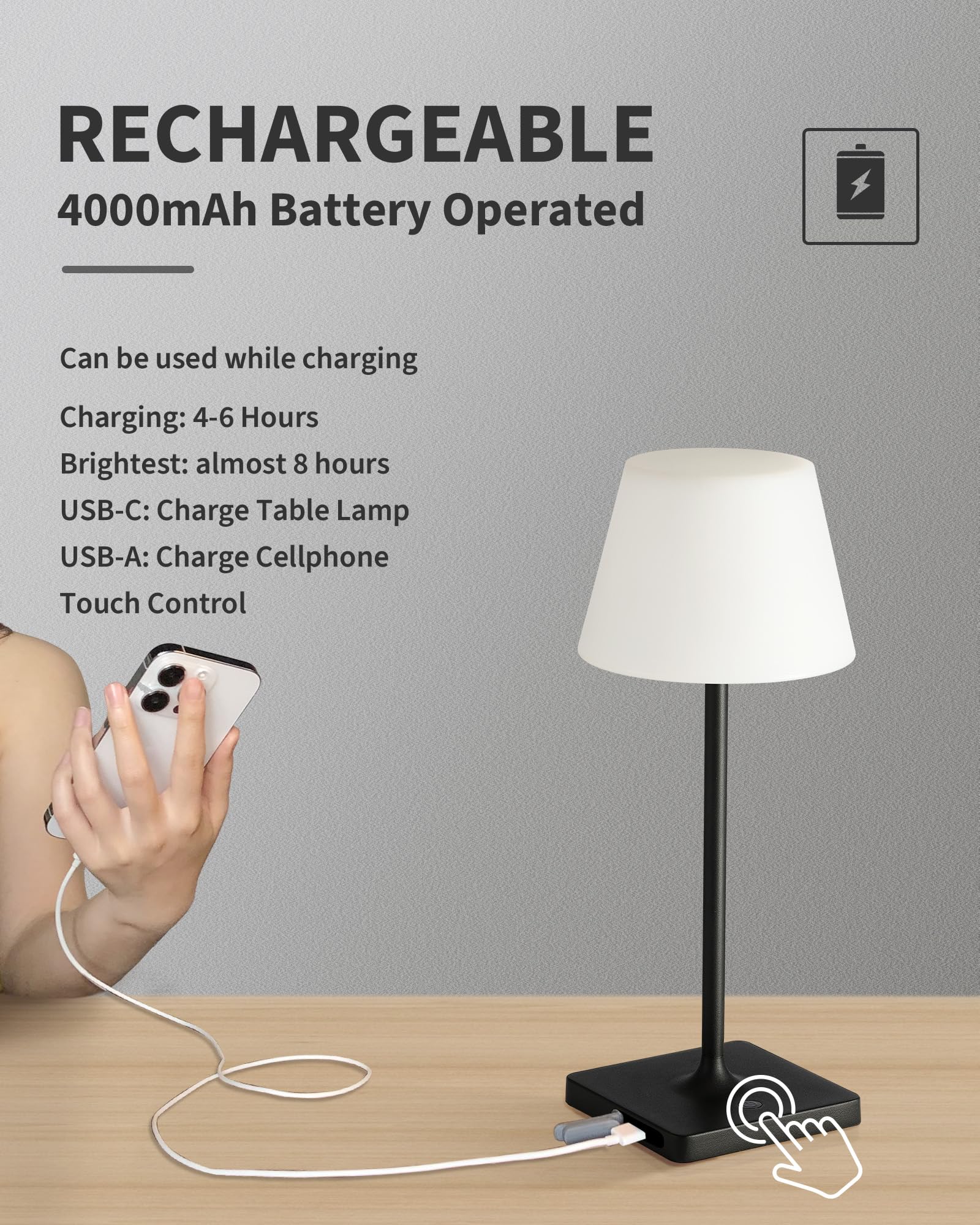 NEWSEE Lampada da tavolo portatile senza fili, impermeabile, 5000 mAh, alimentata a batteria ricaricabile, dimmerabile, lampada da scrivania a LED, moderna luce notturna per bambini, per camera da