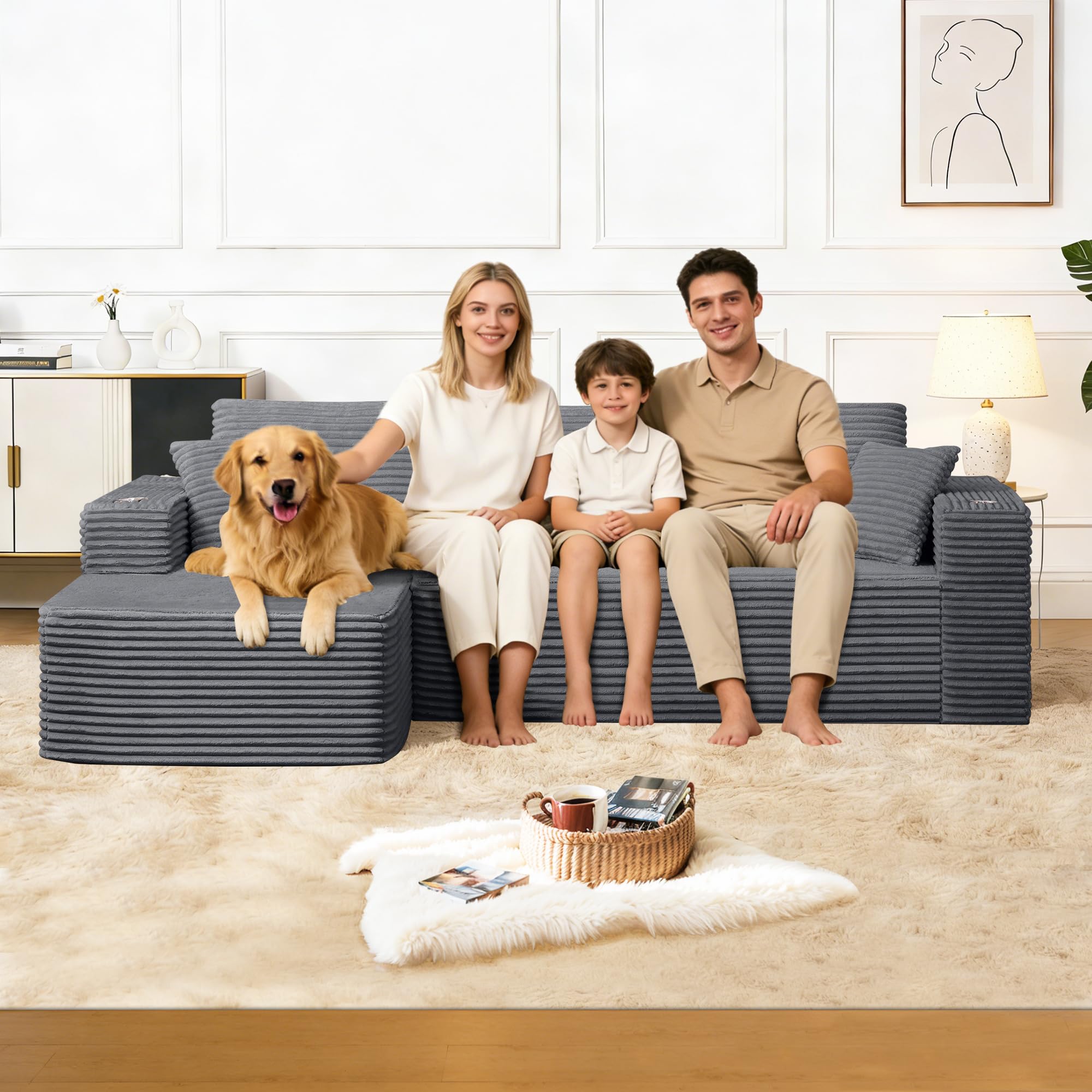 Divano Modulare a Forma di L Divano ad Angolo Divano Letto, Boneless Couch con Portabicchieri, Liberamente Componibile Divano a 3 Posti 4 Posti Sofa Soggiorno Appartamento 261x146x60cm, Grigio