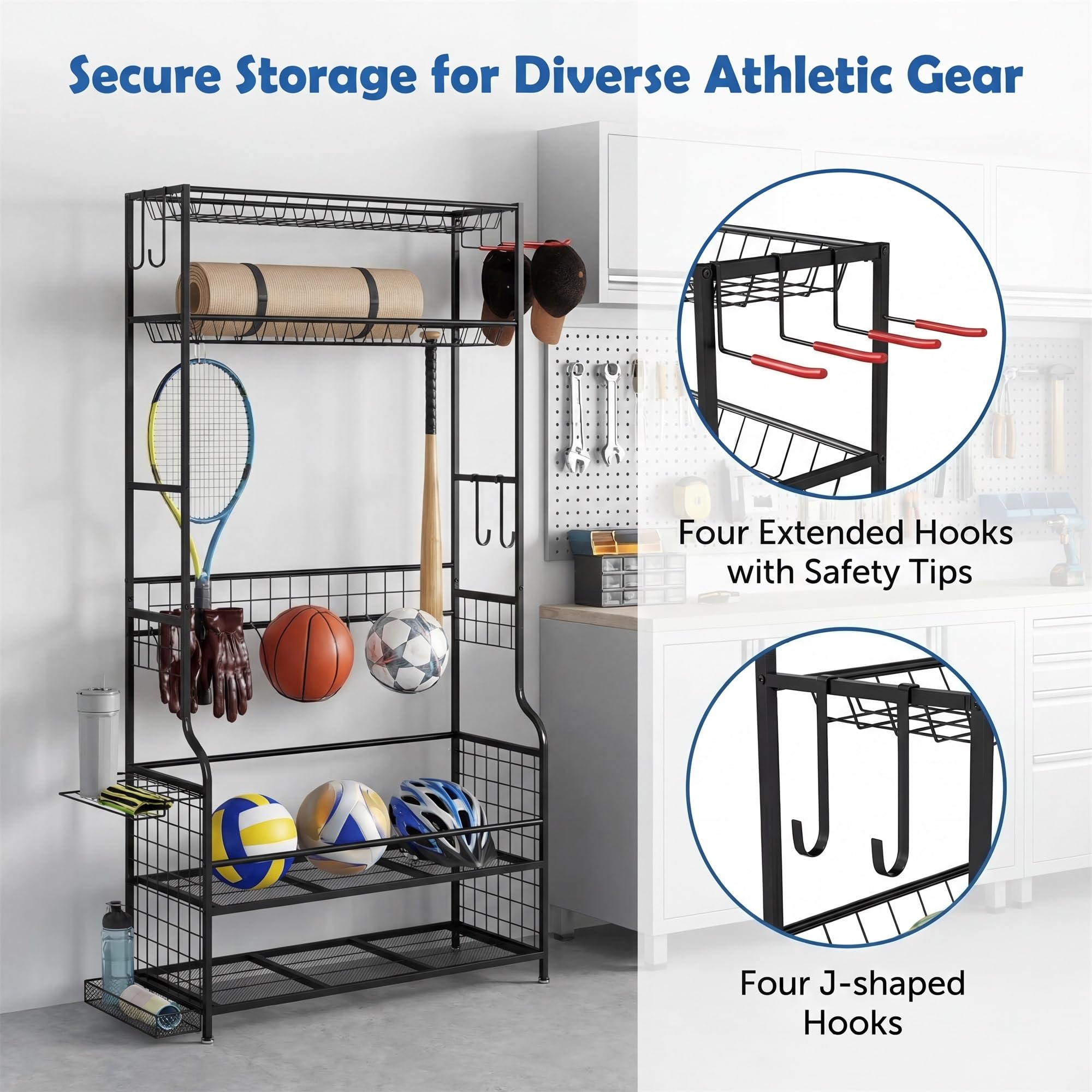 LIFEZEAL Organizzatore di attrezzature sportive, carrello di immagazzinaggio di palline con 4 ganci, 3 supporti per borse da golf, scaffalature di stoccaggio, rotella a 360°, per riporre giocattoli
