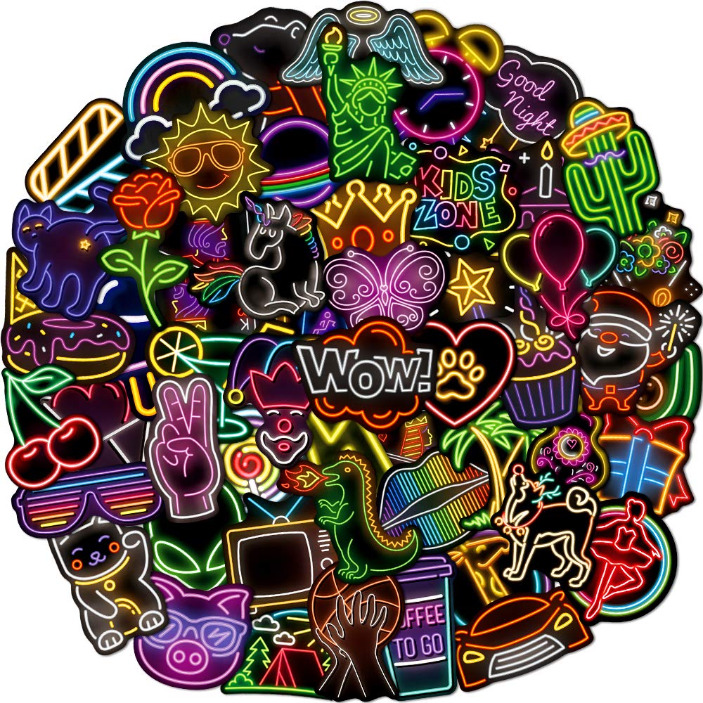 Jyu Daam 80 Pcs Cool Neon Sign Vinyl Stickers for Kids Teens Waterproof Water Bottle Stickers Pack for Laptop Phone Case Guitar Skateboard Helmet Bike Car Decals Party Favors Supplies Home Decor