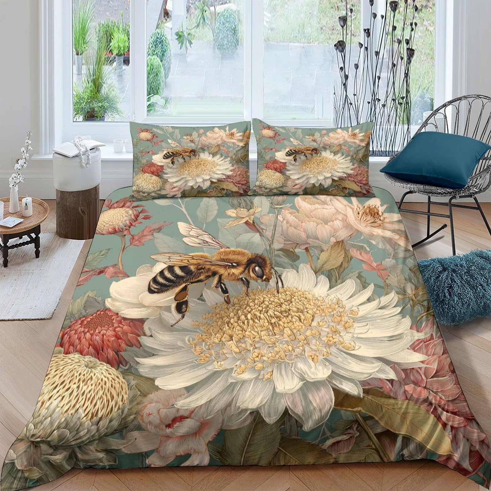 Ctjqhvkz Style-3 3D Printed Bee Flower Fitted Sheet Microfiber Soft Breathable Botanical Mattress Cover For Bedroom Guest Room Decor Single（135X200cm）