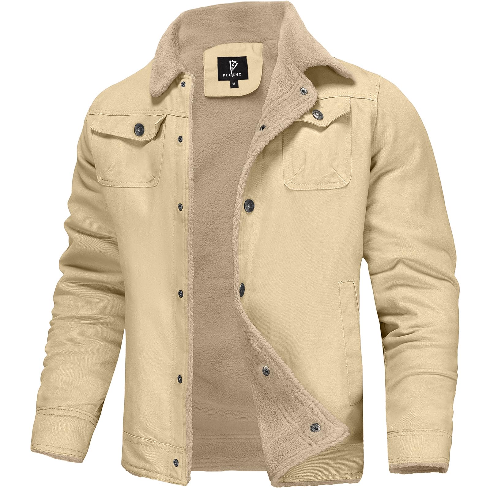 PEGENO Men's Cotton Cargo Jackets Winter Sherpa Lined Fleece Jackets Trucker Jacket