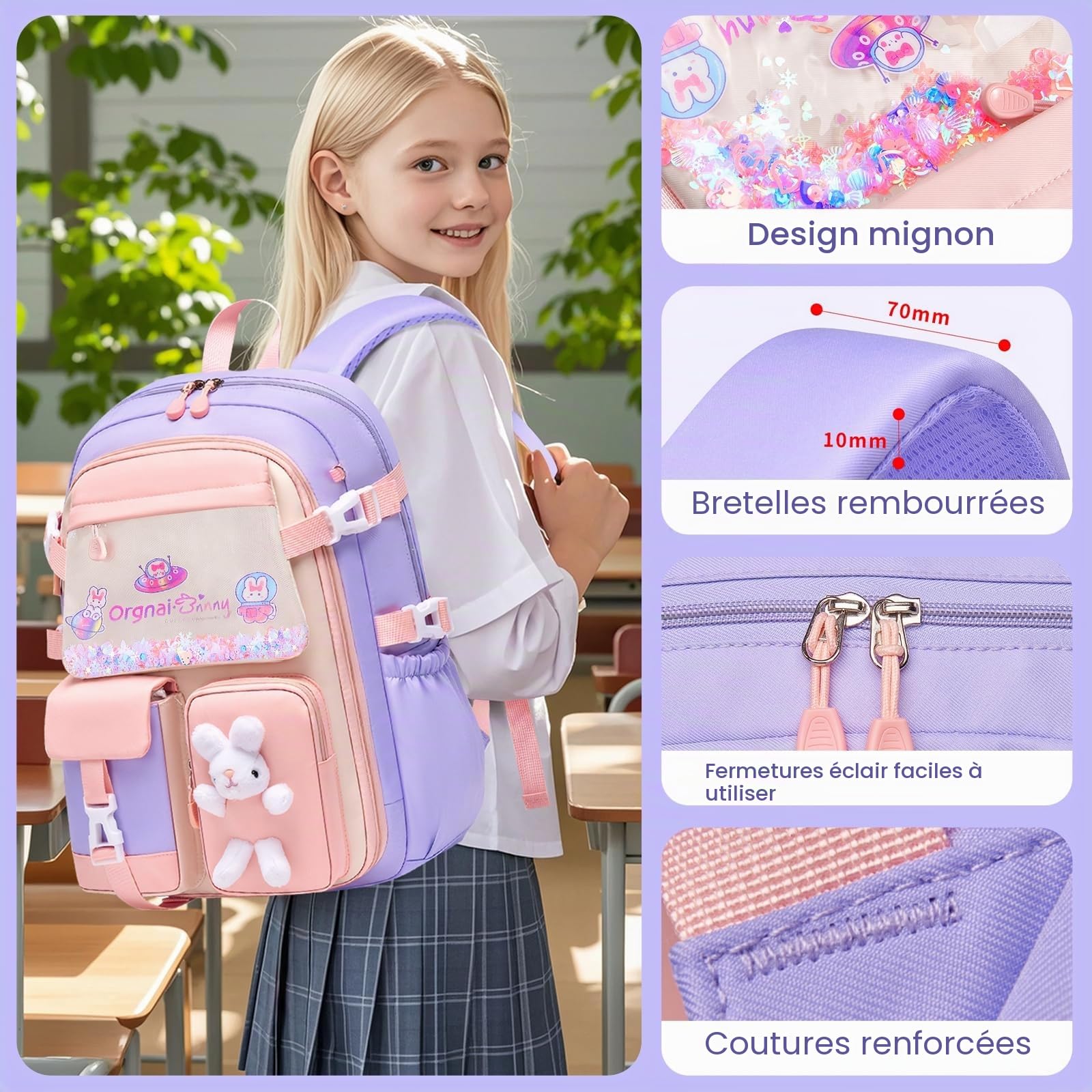 Amythe Cartable Filles Primaire CE1-CM2 Léger Sangle de Poitrine Violet