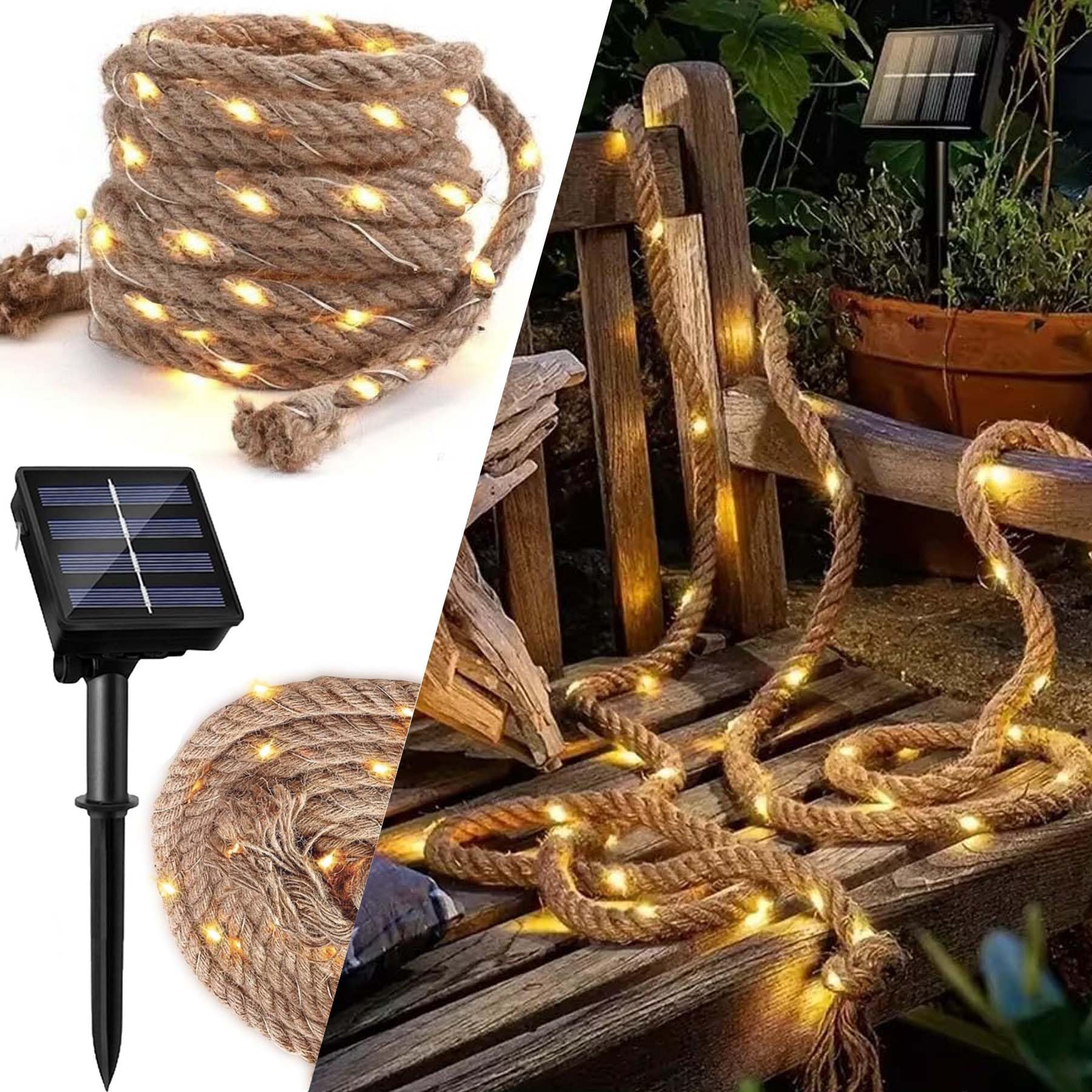 ZeiLaBang Kakadi Solar Lichterkette Seil,3M Solar Hanfseil Lichterkette mit 50 LEDs,Wasserdicht Fee lichterkette Aussen,solar Rope Lights für Garten Balkon Terrasse Weihnachten Party