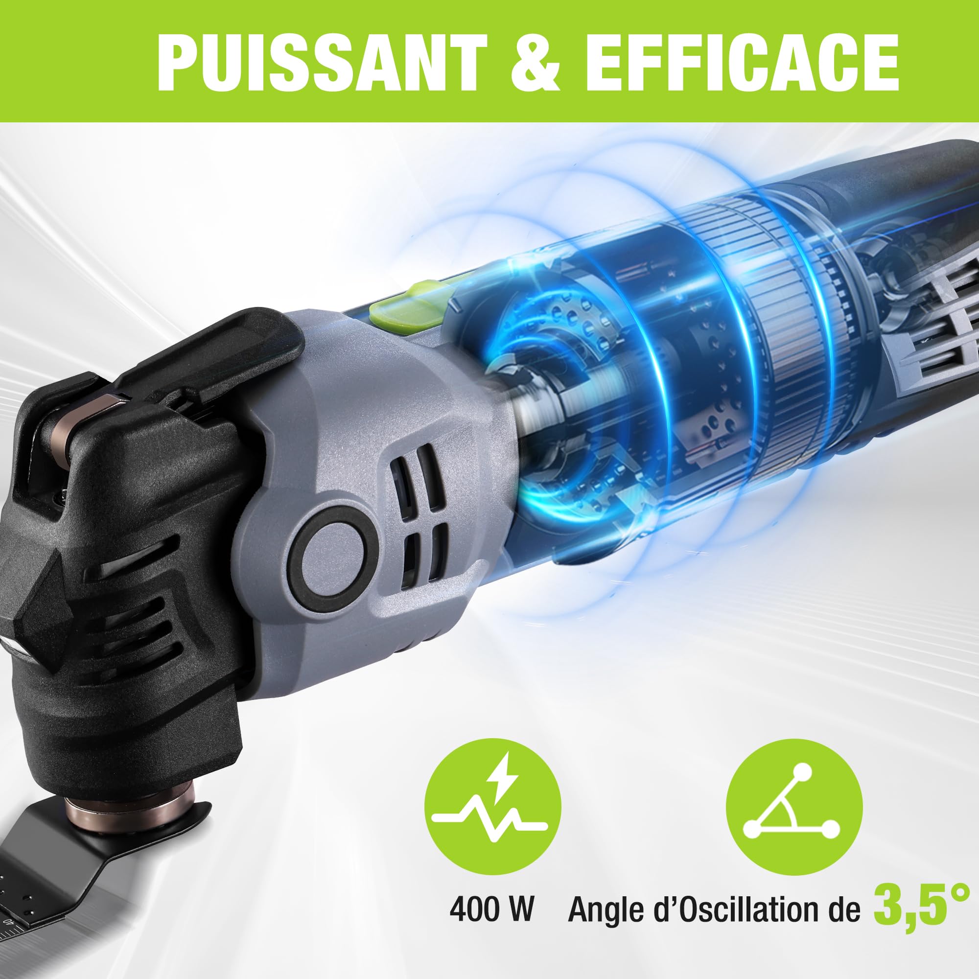 WORKPRO Outil Multifonction Oscillant 400 W, 6 Vitesses Réglables, 23 Accessoires, Angle d'Oscillation 3,5°, pour Sciage, Grattage, Sablage, Façonnage, Polissage, Coupe