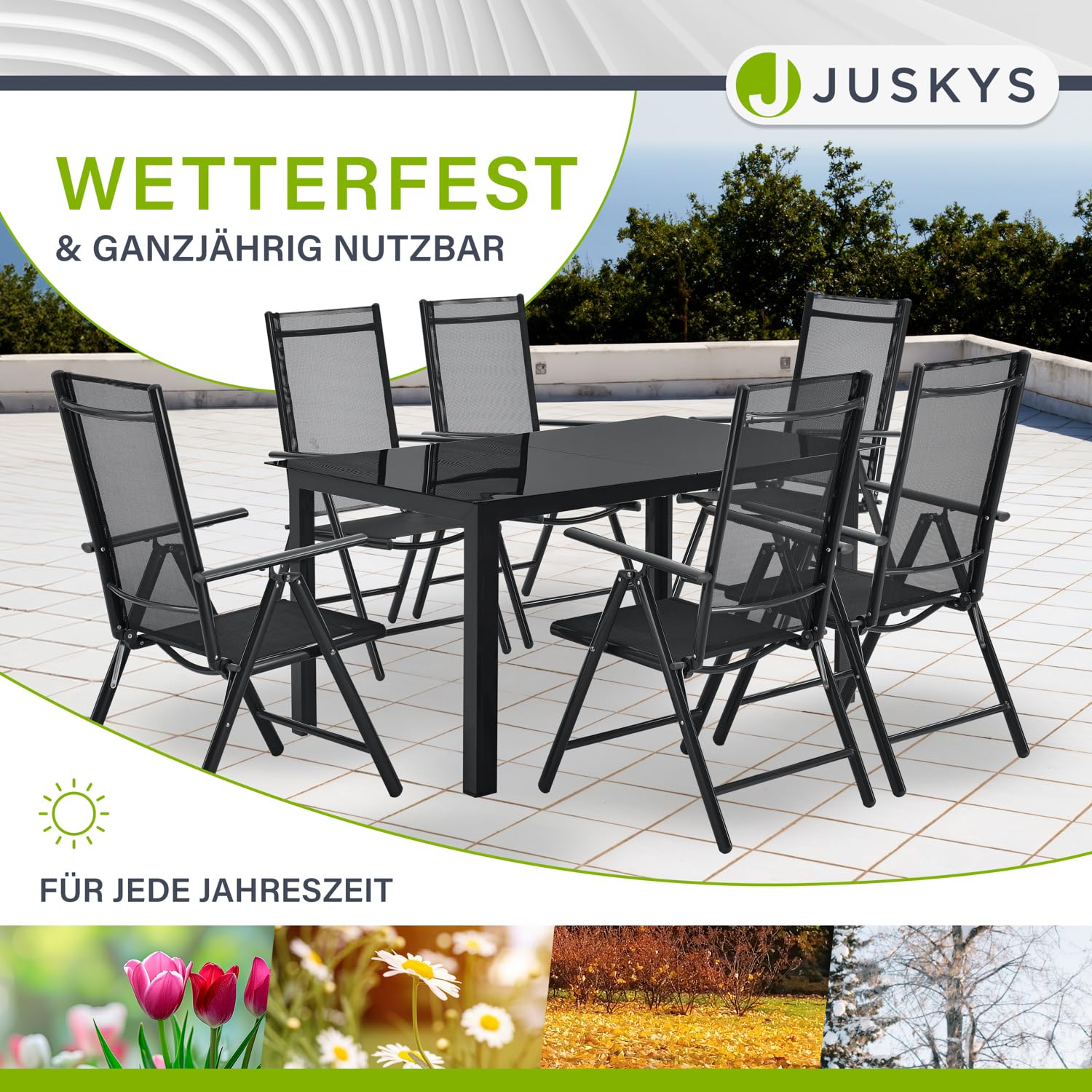 Juskys Gartengarnitur Milano 7-teilig – Gartenmöbel Set mit Tisch & 6 Hochlehner Stühlen, verstellbar & klappbar, wetterfeste Sitzgarnitur aus Aluminium – Grau