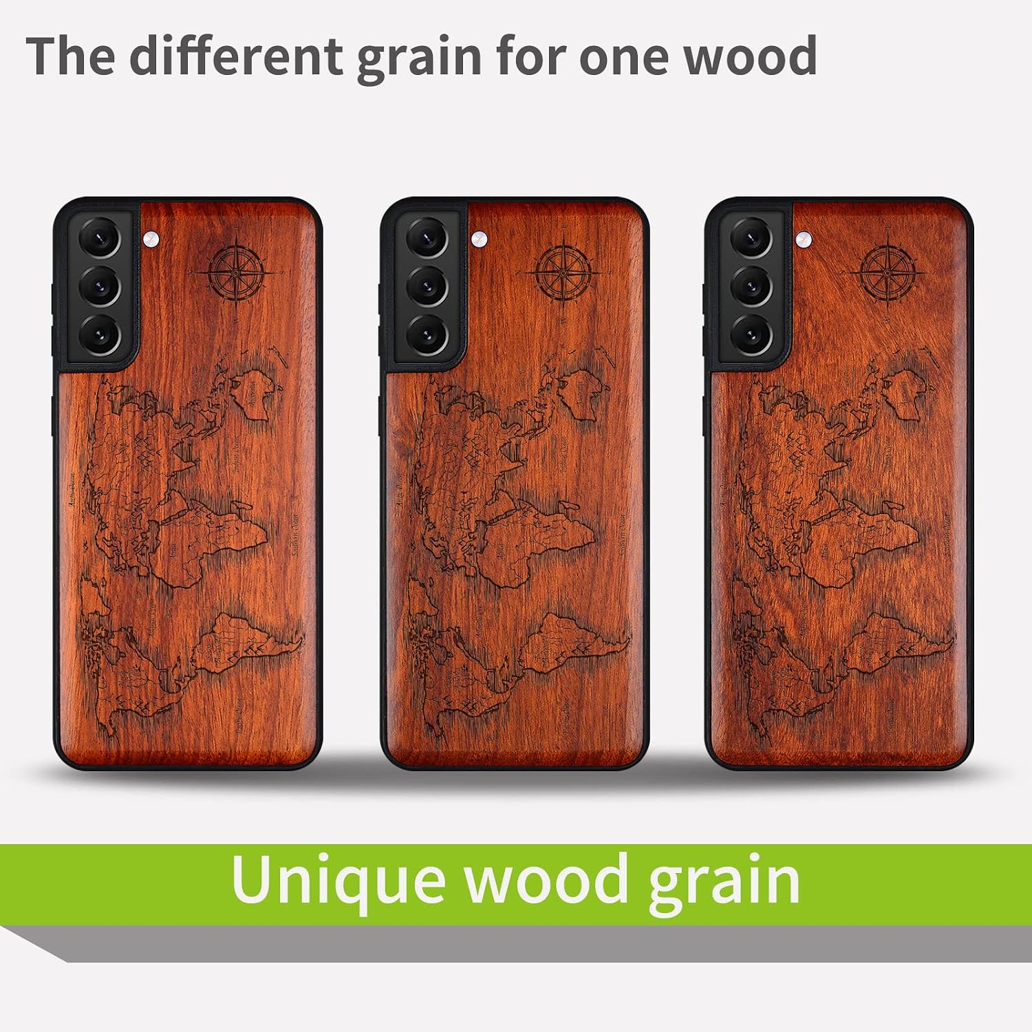Carveit Wood Case for Galaxy S22 Case [Natural Wood & Black Soft TPU] Shockproof Protective Cover Unique & Classy Wooden Design Compatible with Samsung S22 (Compass Maps-Rosy)