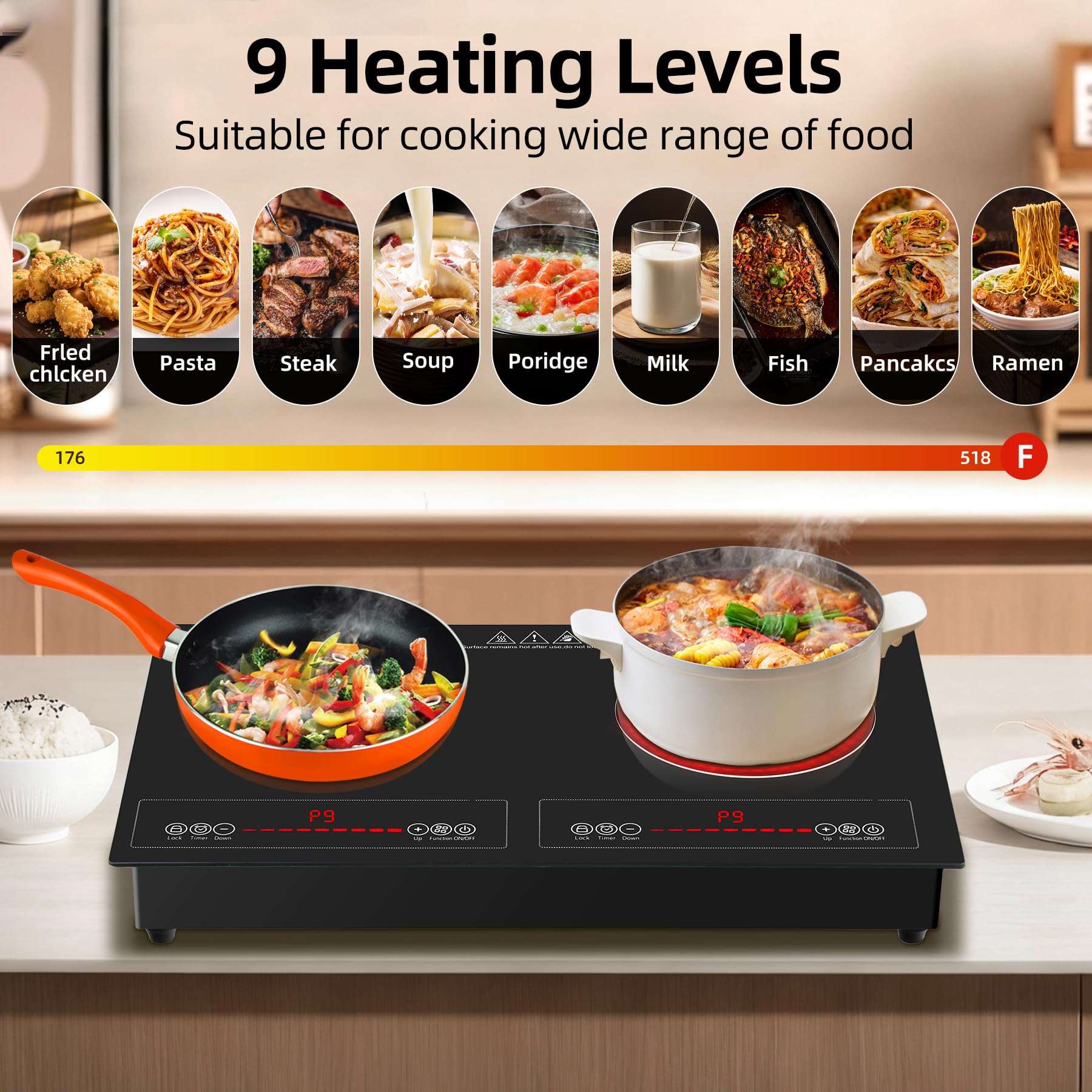 Wesonorous 2 Burner Electric Cooktop,110V 2500W Electric Stove Top with Touch Control,9 Heating Level,Timer & Kid Safety 2 burner cooktop. view 4