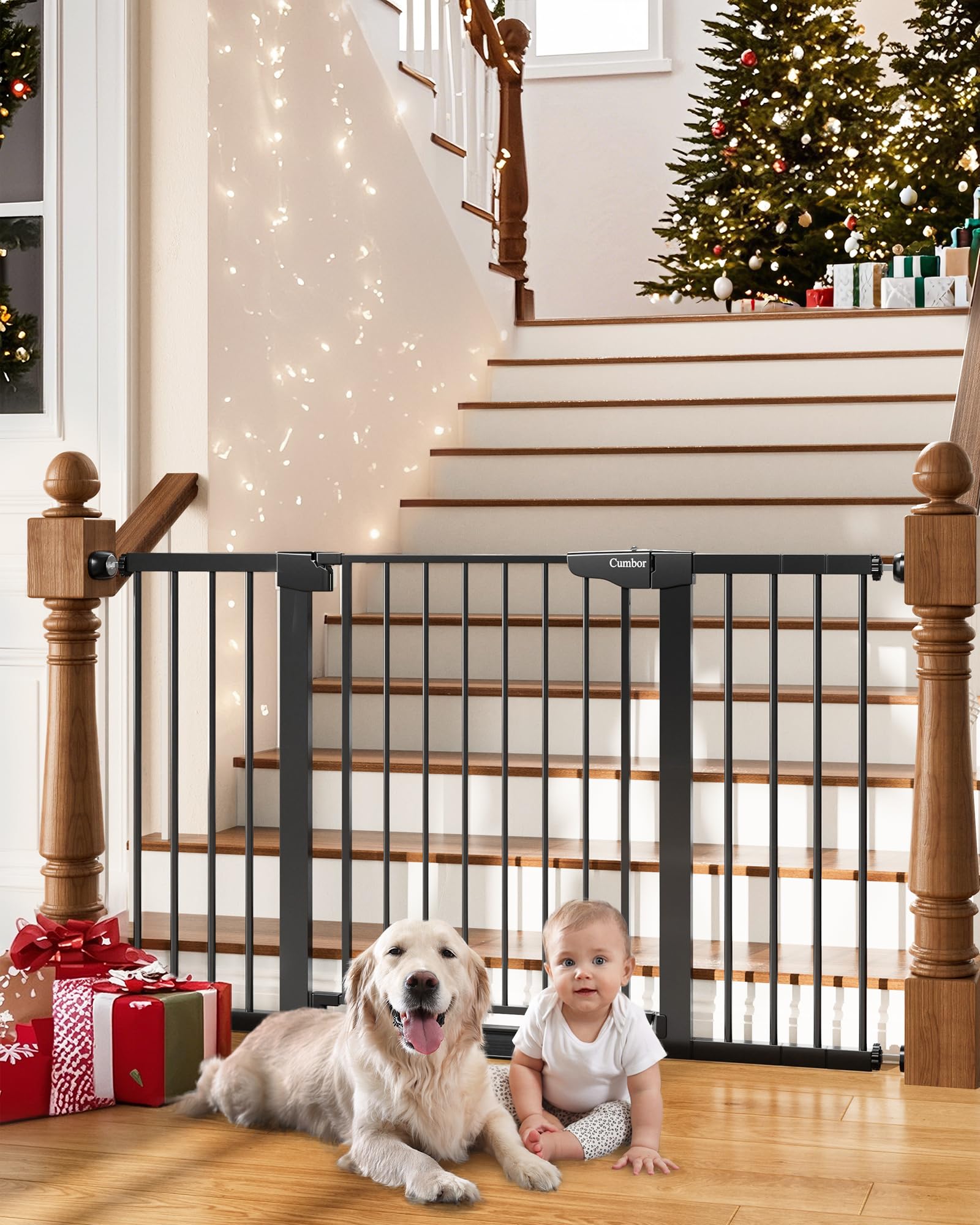 Cumbor 29.7-54.2" Wide Baby Gate for Stairs, Mom's Choice Awards Winner-Self Closing Dog Gate Indoor for Doorways, No Drilling Pressure Mounted Pet Gates for Kids, Easy Walk Through Safety Gate, Black