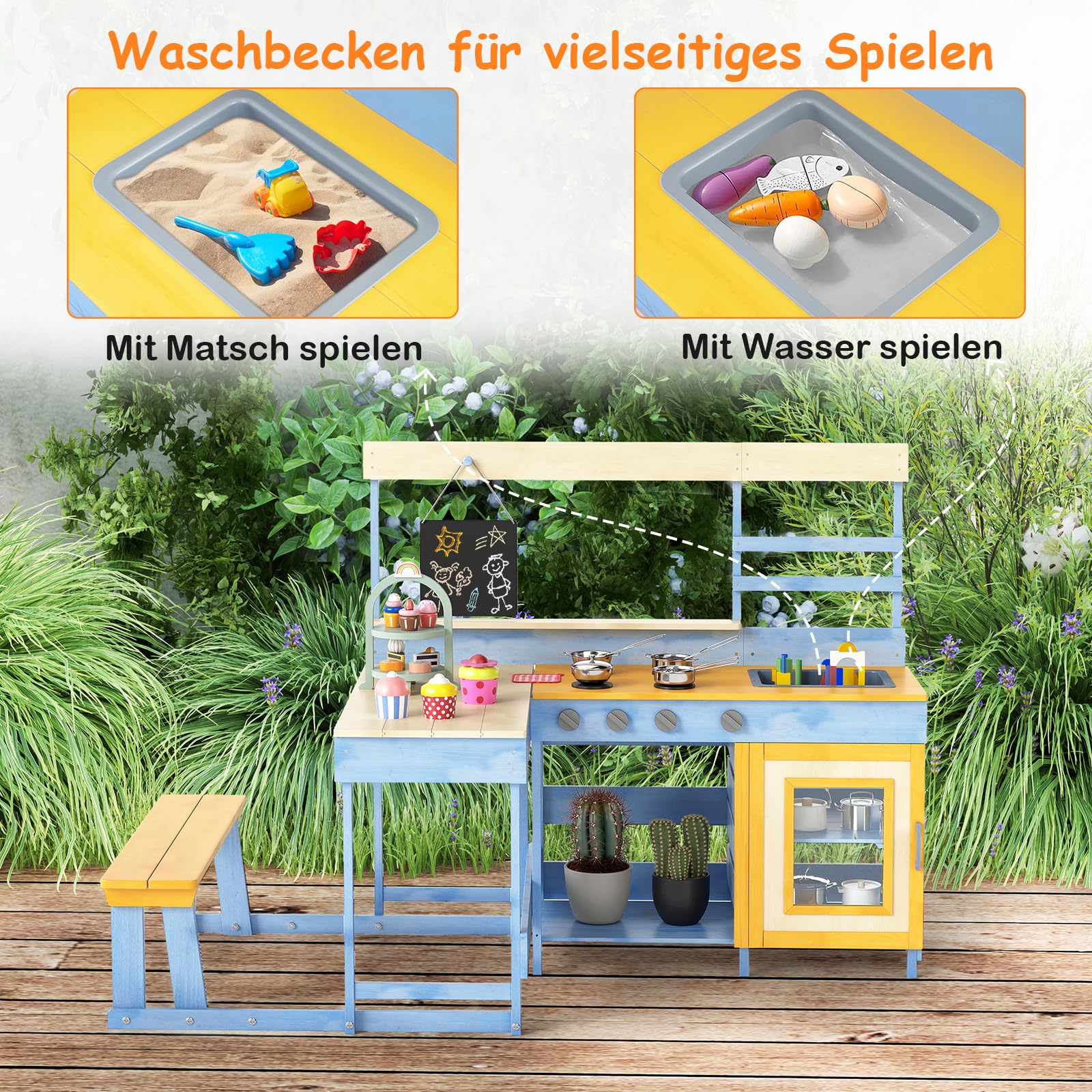 COSTWAY Matschküche mit Picknicktisch & Bank, Kinderküche Tannenholz mit Dessertzubehör Küchengeschirr und Tafel, Spielküche Outdoor Küche für Kinder ab 3 Jahren (Hellblau)