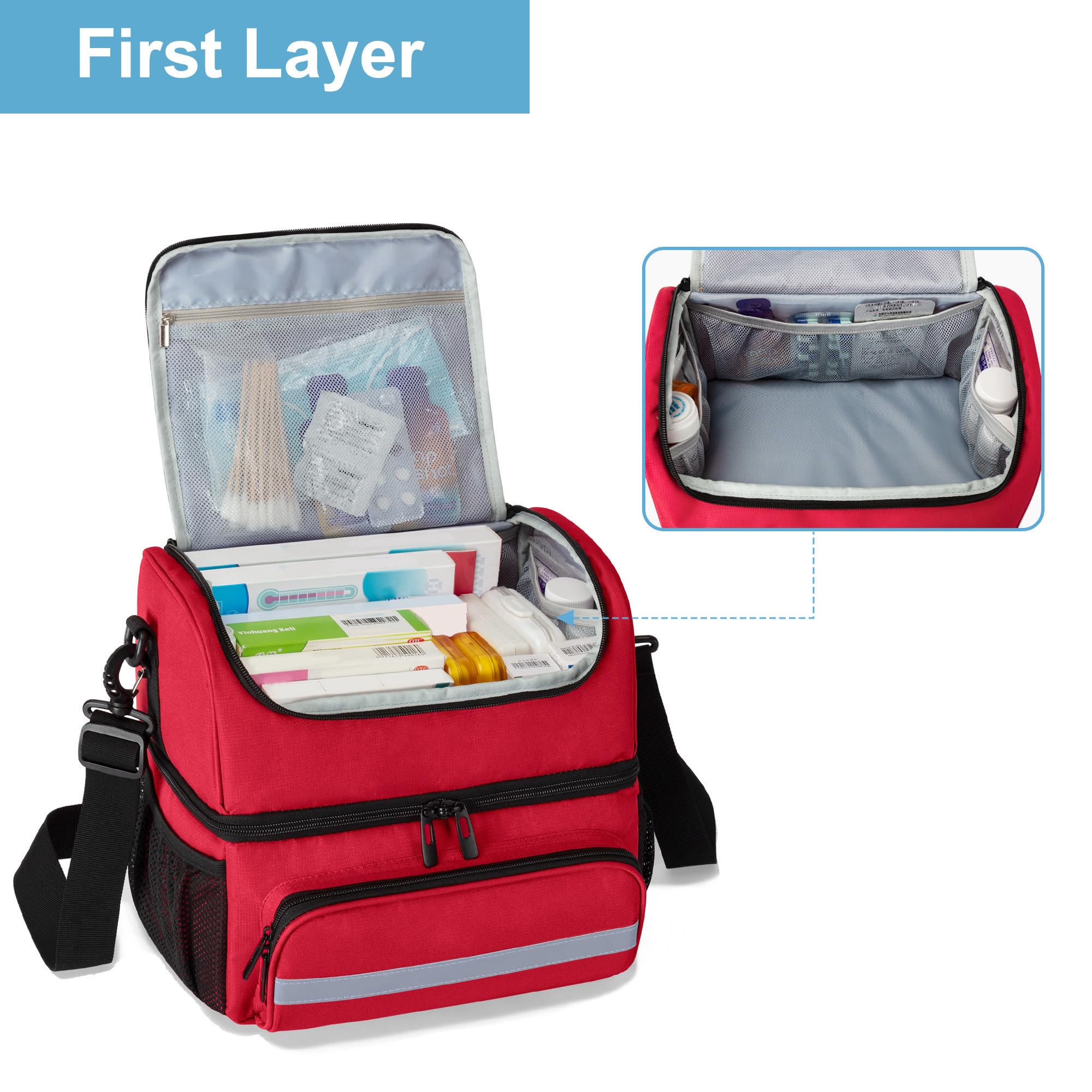CURMIO Doppelschicht Medizinische Tasche, Tragbar Reiseapotheke Tasche, Notfalltasche für Medizinflasche, Vitamine, Medizinisches Zubehör, Leer, Rot