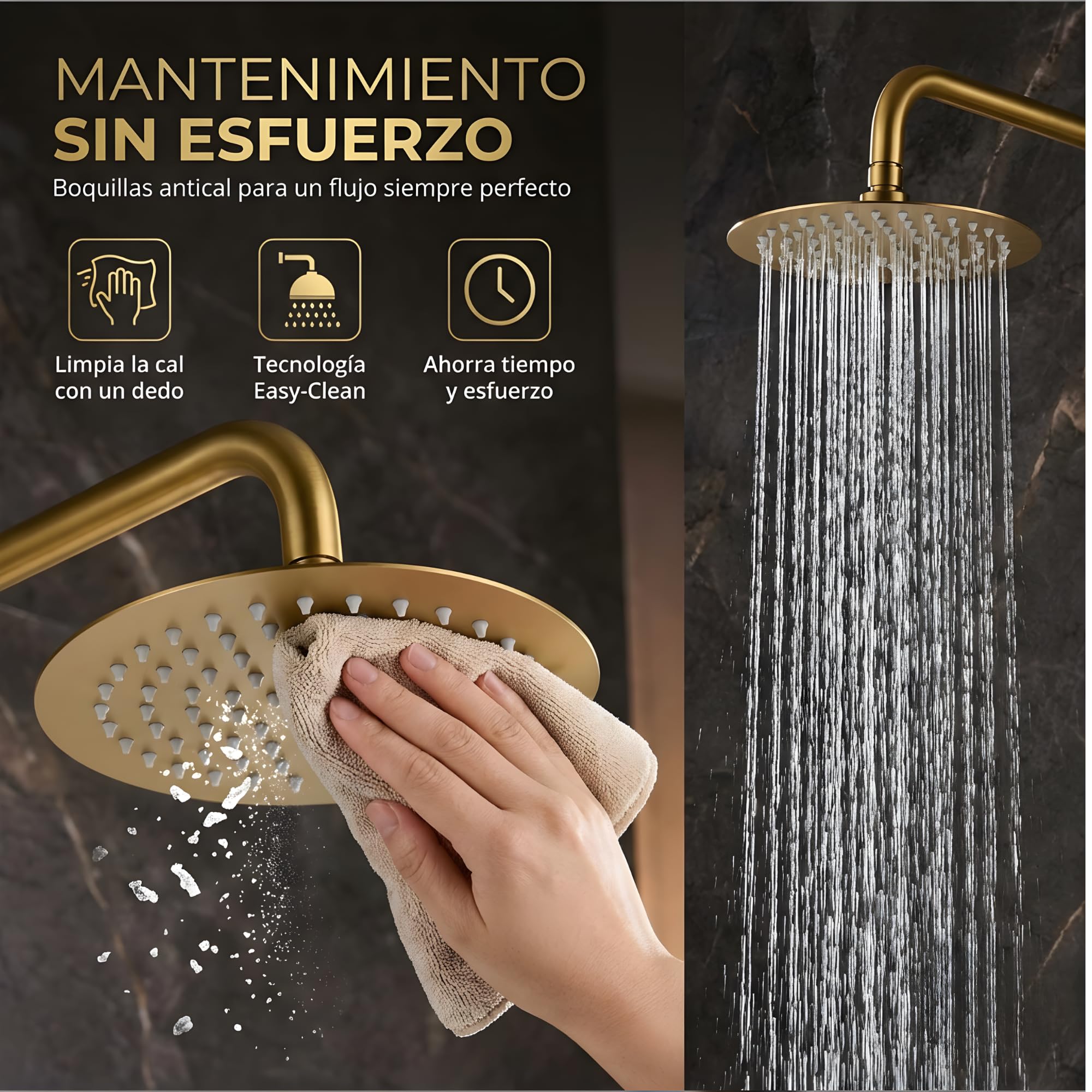 IMEX - Columna Ducha Oro Cepillado con Grifo | Conjunto de Ducha Monomando con Alcachofa y Rociador Antical | Griferia en Latón y Acero Inox S.304 con Barra Extensible | Serie Roma
