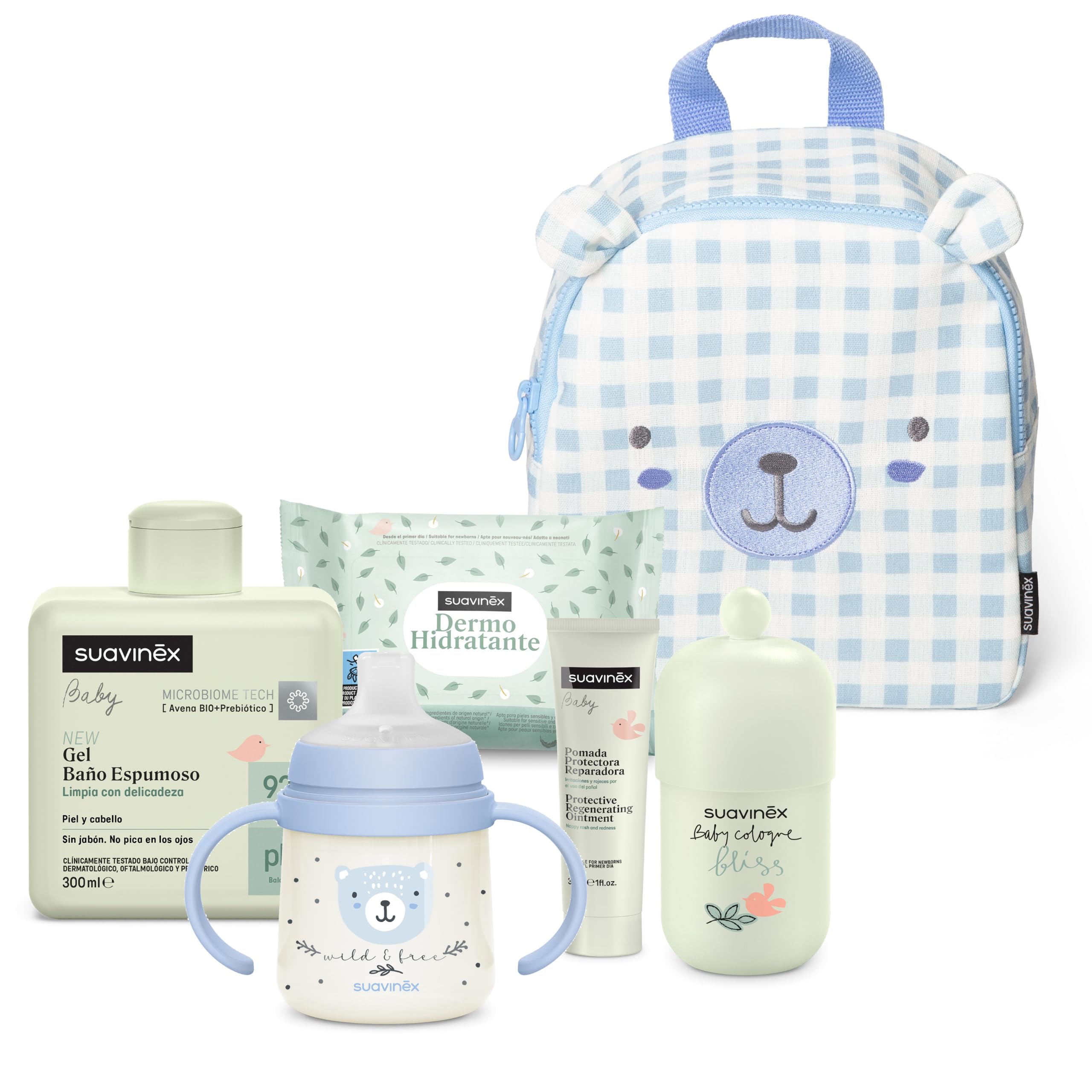Suavinex, Mochila Guardería para Bebés, Canastilla con Cosmética, Oso | Con Colonia Bebés 50 ml + Crema Pañal 30 ml + Pack 25 Toallitas Dermohidratantes + Gel Champú 300 ml + Taza de Aprendizaje