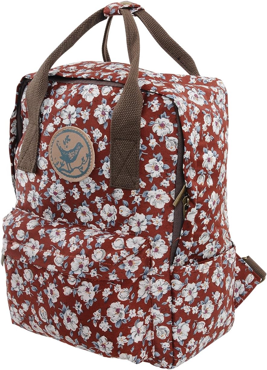 Medium Size Waterproof Floral Backpack Handbag Travel School Bag for Girls and Women (Red Brown M)