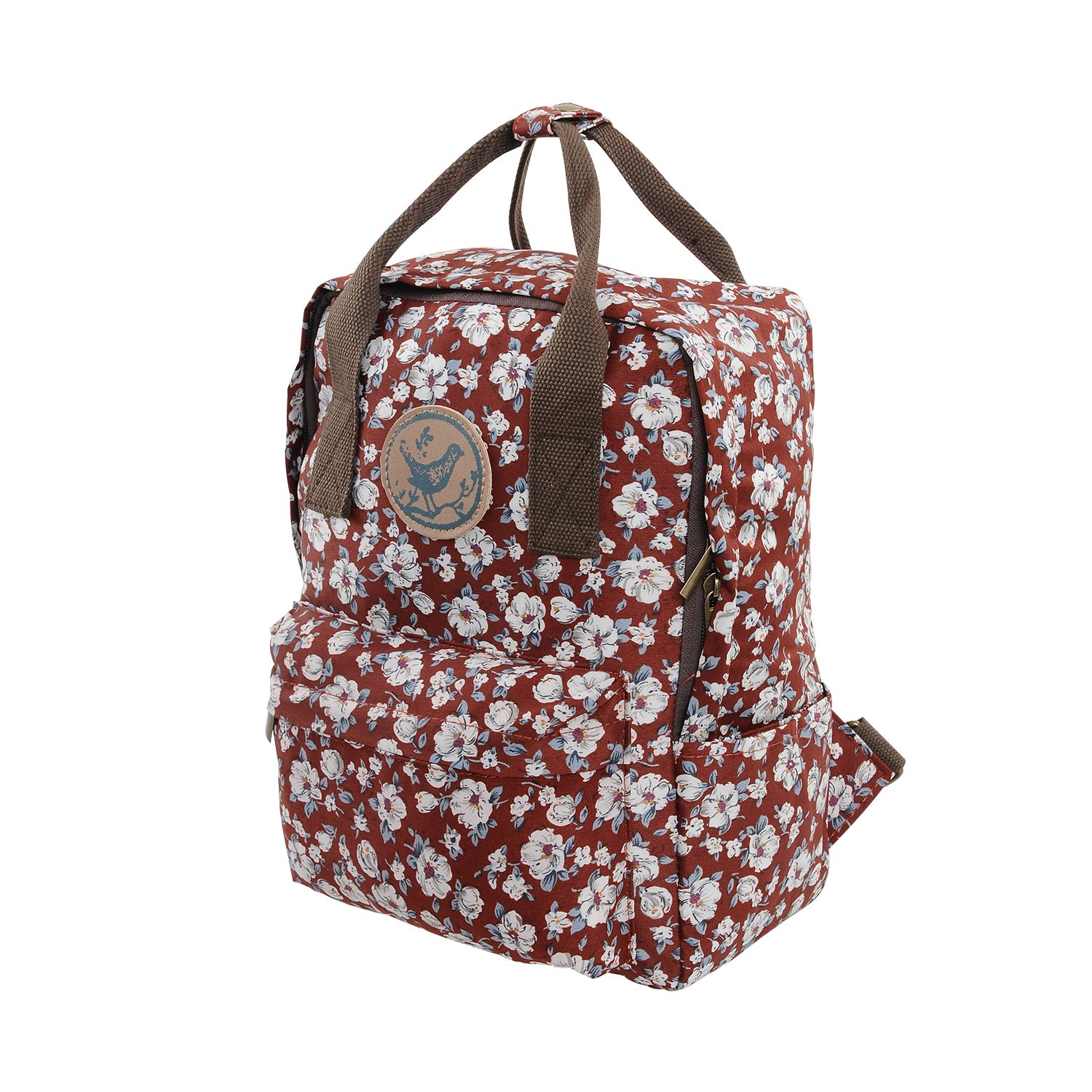 Medium Size Waterproof Floral Backpack Handbag Travel School Bag for Girls and Women (Red Brown M)