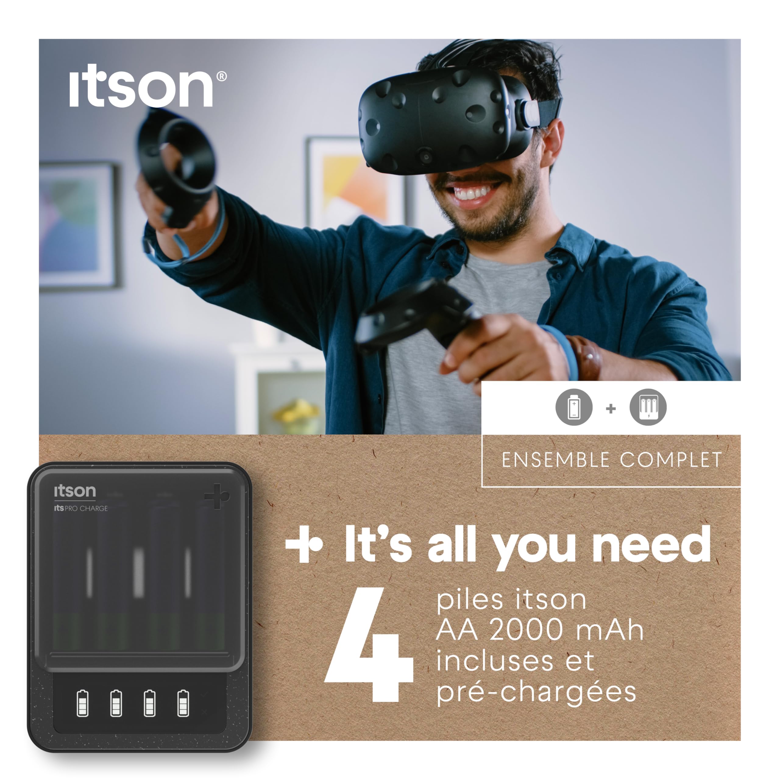 itson Chargeur de Piles, itsPRO Charge Ni-MH USB-C vers USB-C, 4 Piles AA (2000 mAh), Temps de Charge de 4 h 45 Min, écran LCD, détection des Piles alcalines ou défectueuses, Mode économie d’énergie