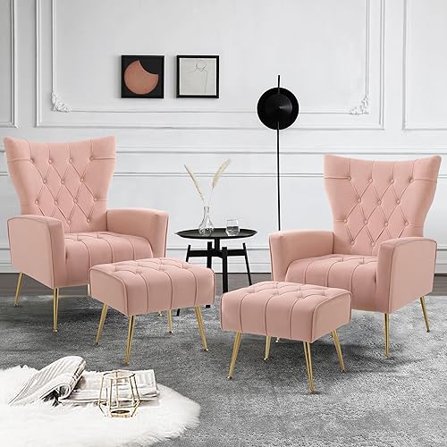 Miniatura 24 de Silla decorativa de terciopelo con otomana, silla tapizada con respaldo de ala, sillas decorativas modernas con patas de metal dorado para Otomana