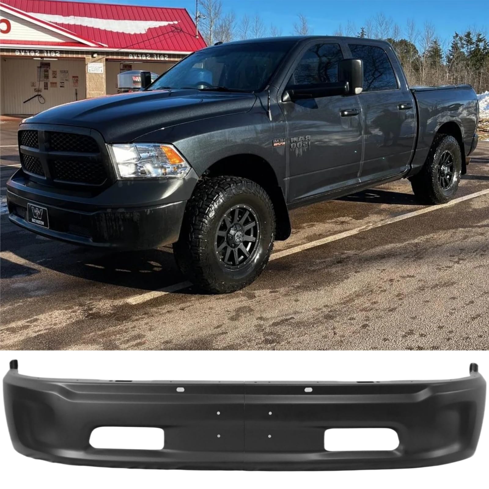 Front Bumper Compatible with 2013-2018 Dodge Ram 1500, Chrome Truck Automotive Steel Replacement Bumpers Face Bar, with Fog Light Holes & Sensor Holes (Style M)