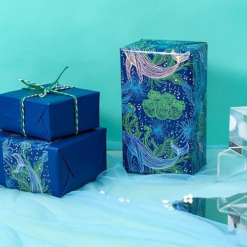 Vista 465 de WRAPAHOLIC Papel de regalo reversible, mini rollo, 17 pulgadas x 33 pies, adorable diseño de gato y azul sólido para cumpleaños, vacaciones