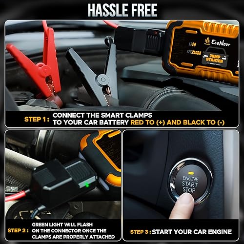 Miniatura 4 de EcoNour Arrancador portátil de coche de 2500 A  Paquete de refuerzo de batería de 12 V de hasta 8.5 L de gasolina y motores diésel de 6 L  Caja de